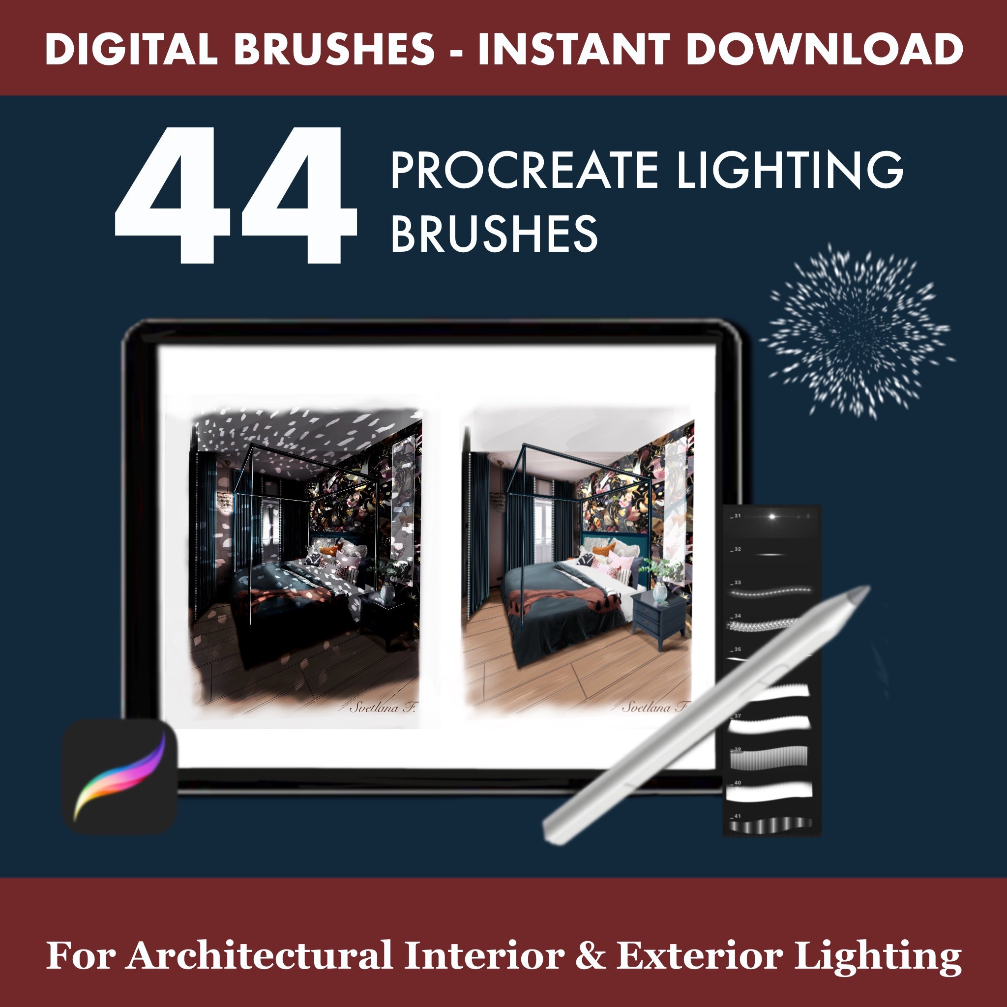 This essential collection of 44 Procreate Light Brushes and Stamps is the ultimate tool for digital artists, architects, and designers seeking to add compelling, realistic illumination and atmosphere to their projects