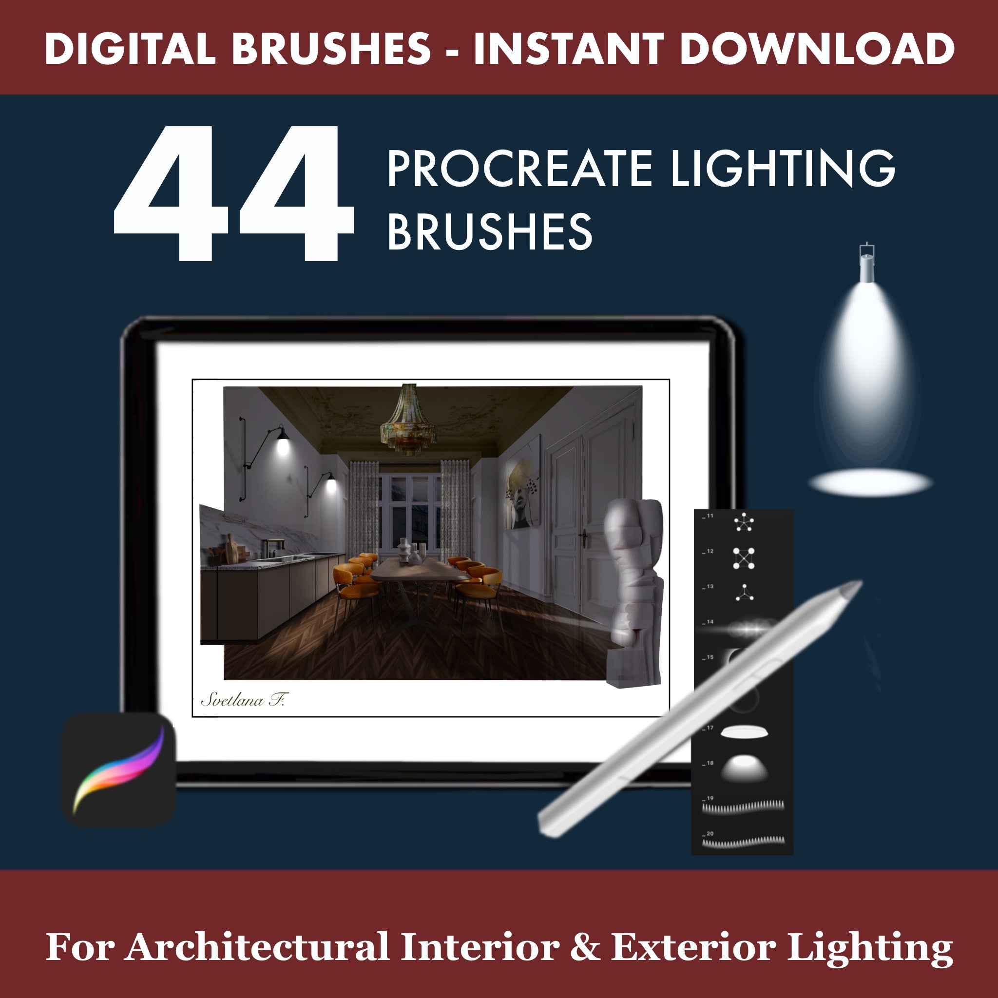 44 Procreate brushes for light and atmosphere: soft glow, lens flare, sparkle,