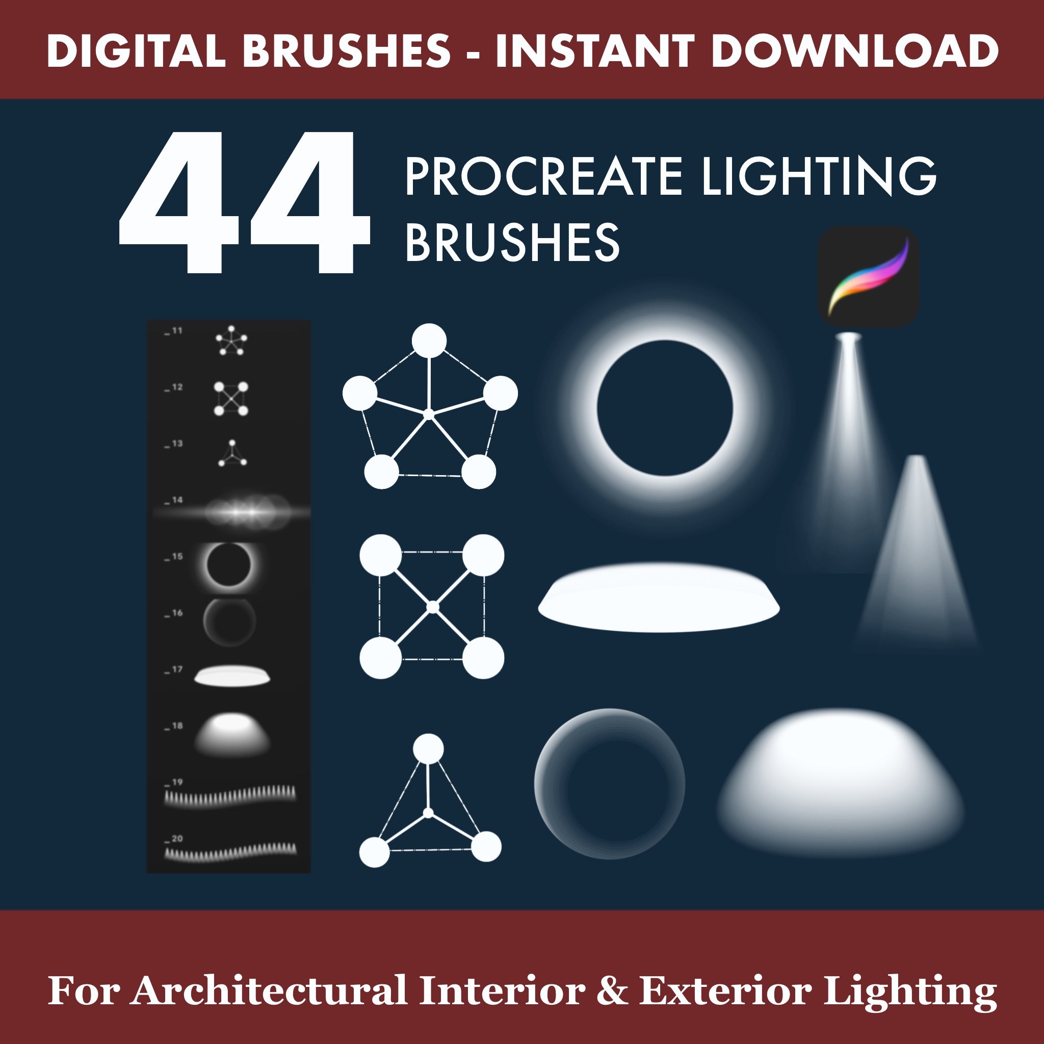 44 Procreate lighting brushes and stamps for fast architectural illumination, interior design and digital art rendering