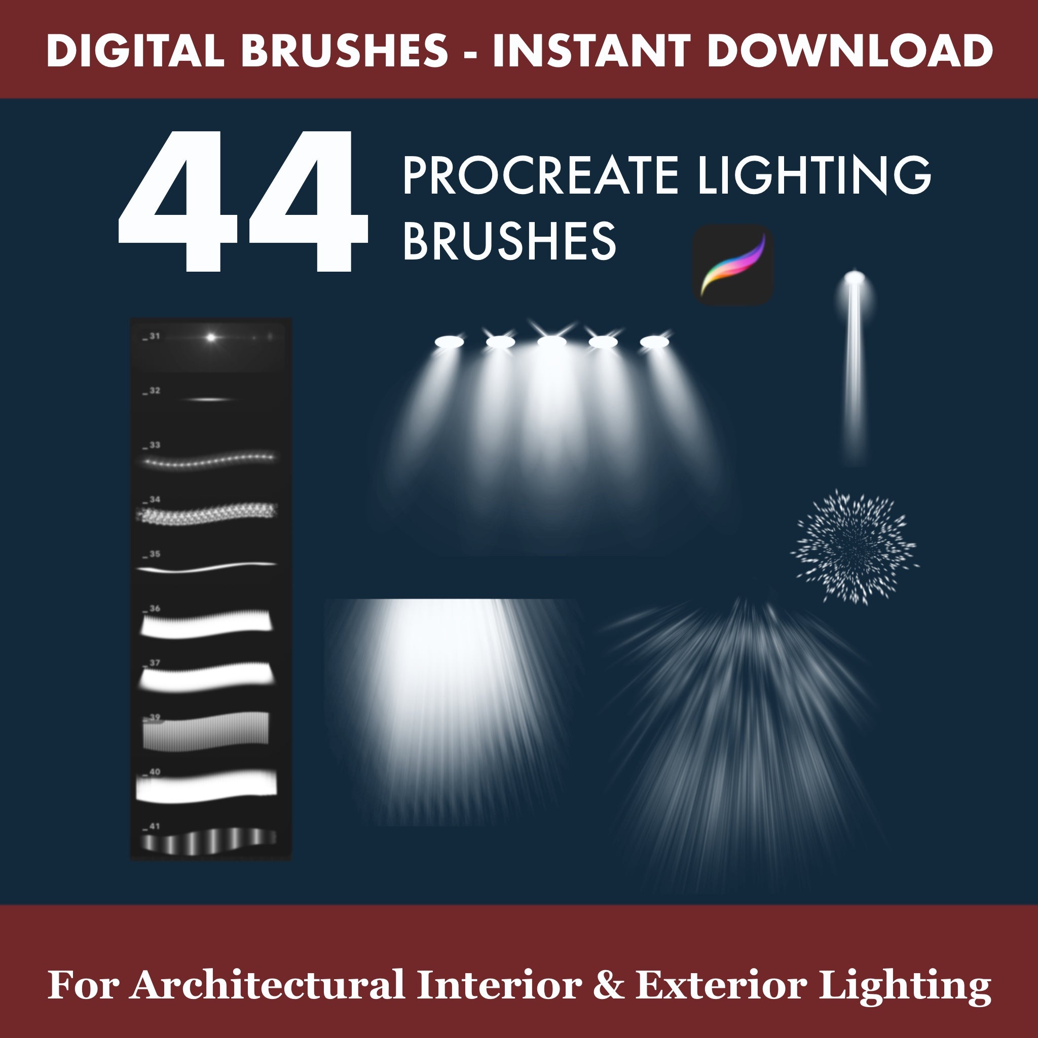 Exterior architectural lighting brushes in Procreate for facades, street lamps and night urban scenes