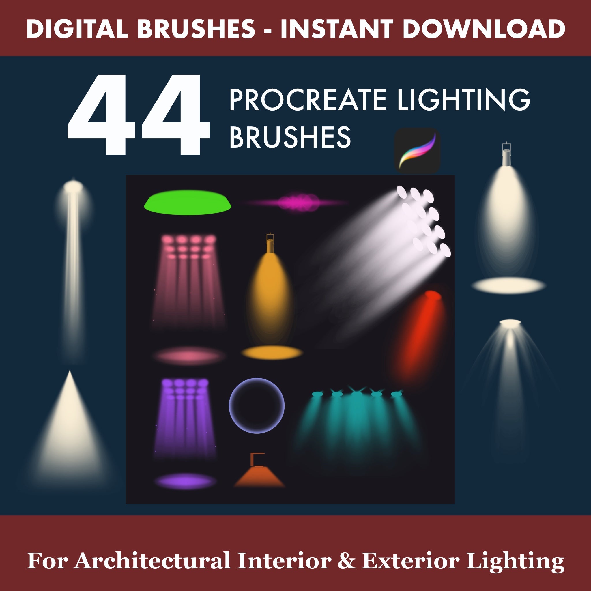 Procreate spotlight brushes for ceiling lamps, wall sconces and focused interior lighting in architectural sketches