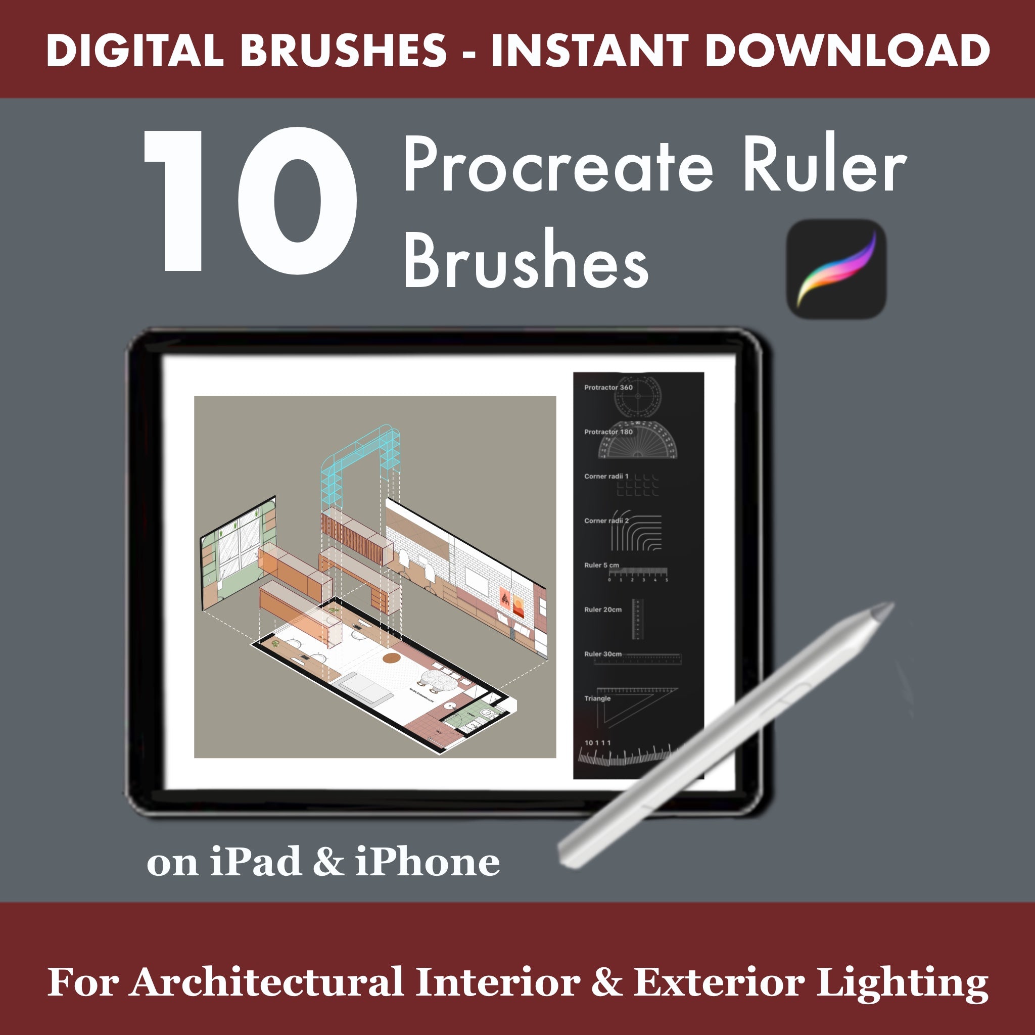 10 Procreate ruler brushes for precise architectural measurements on iPad and iPhone – digital drafting toolkit for interior and exterior lighting plans