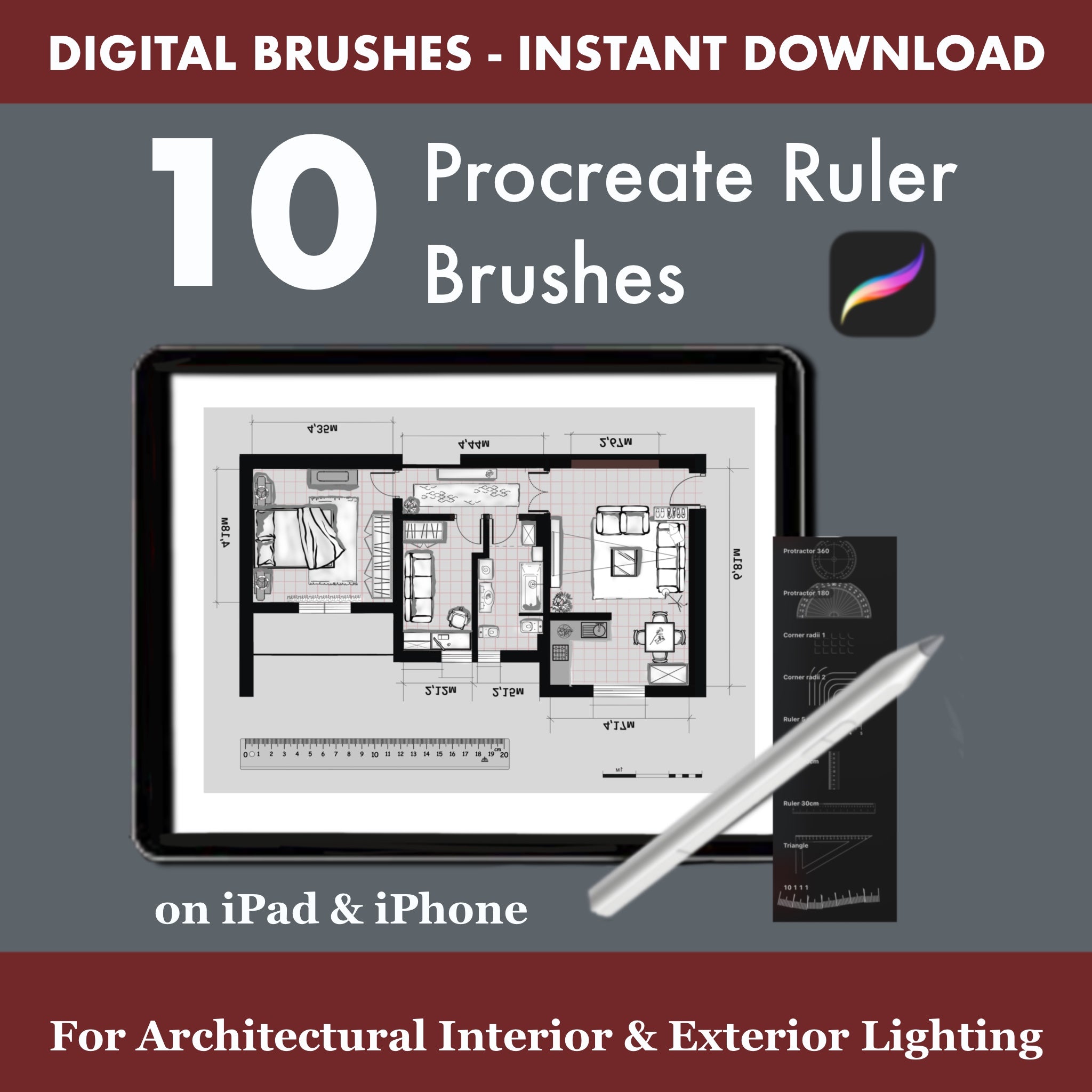 Procreate ruler brushes set with centimetre rulers and triangle guides – ideal for floor plans, elevations and technical drawings on iPad