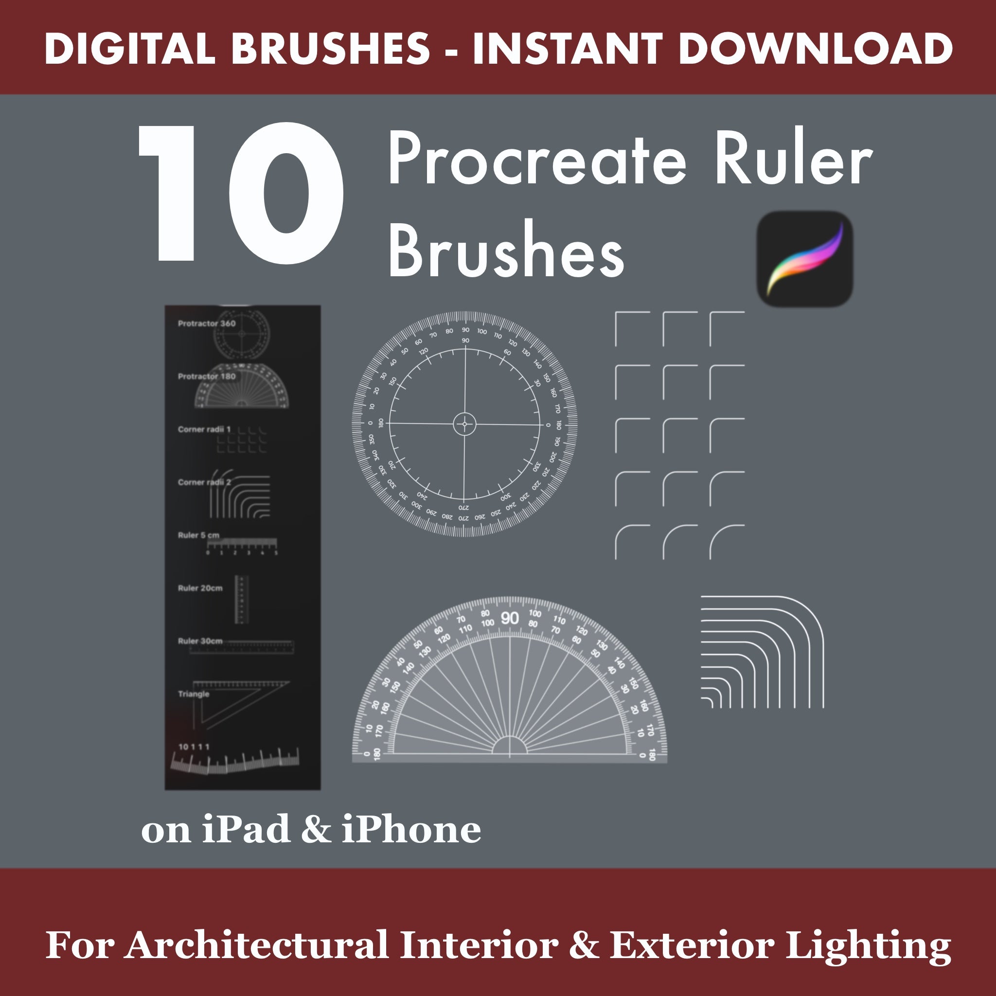 Procreate blueprint ruler brushes for kitchen and interior floor plans – measure, scale and annotate CAD-style drawings directly in Procreate