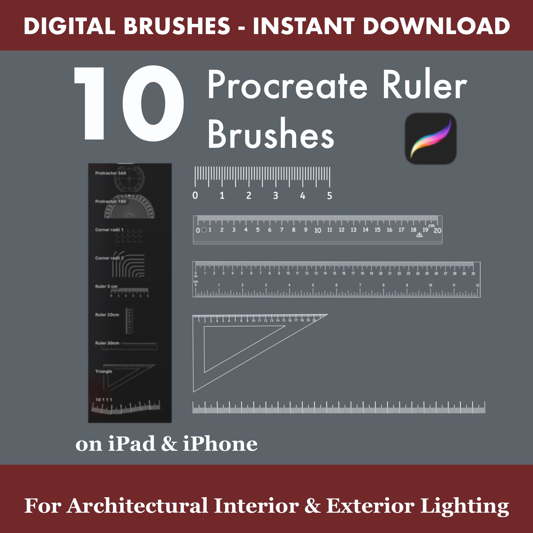 Architectural Procreate ruler brushes for apartment floor plans – create accurate room layouts, dimensions and technical sketches on iPad and iPhone