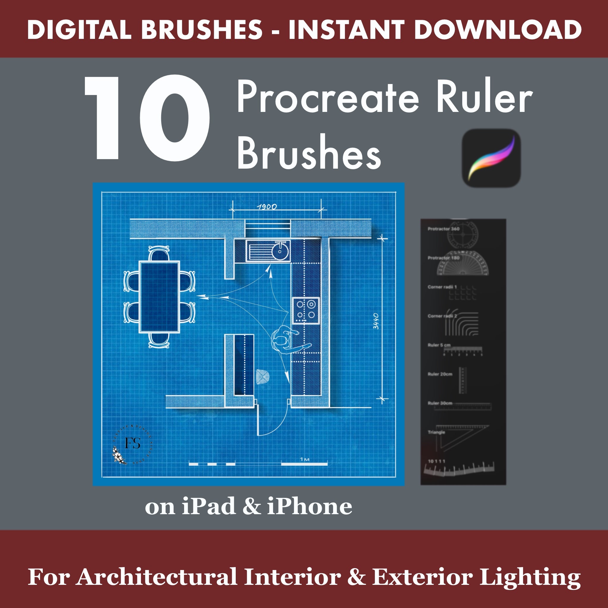 Procreate ruler brush kit for architectural axonometric views and interior lighting diagrams – professional measurement tools for designers and architects