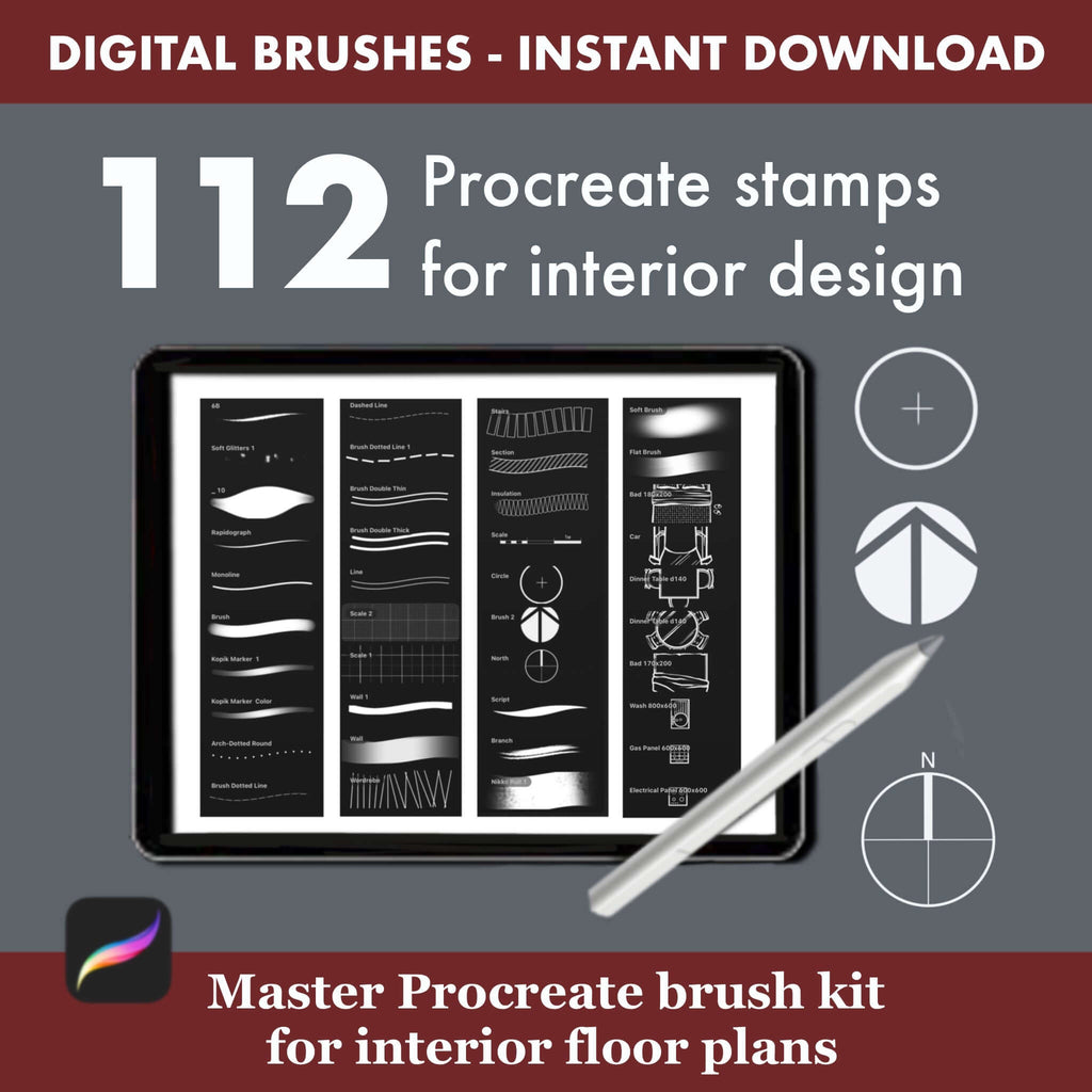 112 Procreate Interior Design Brushes: Floor Plan - Procreate Brush Shop by Sviatlana Fedzianiova