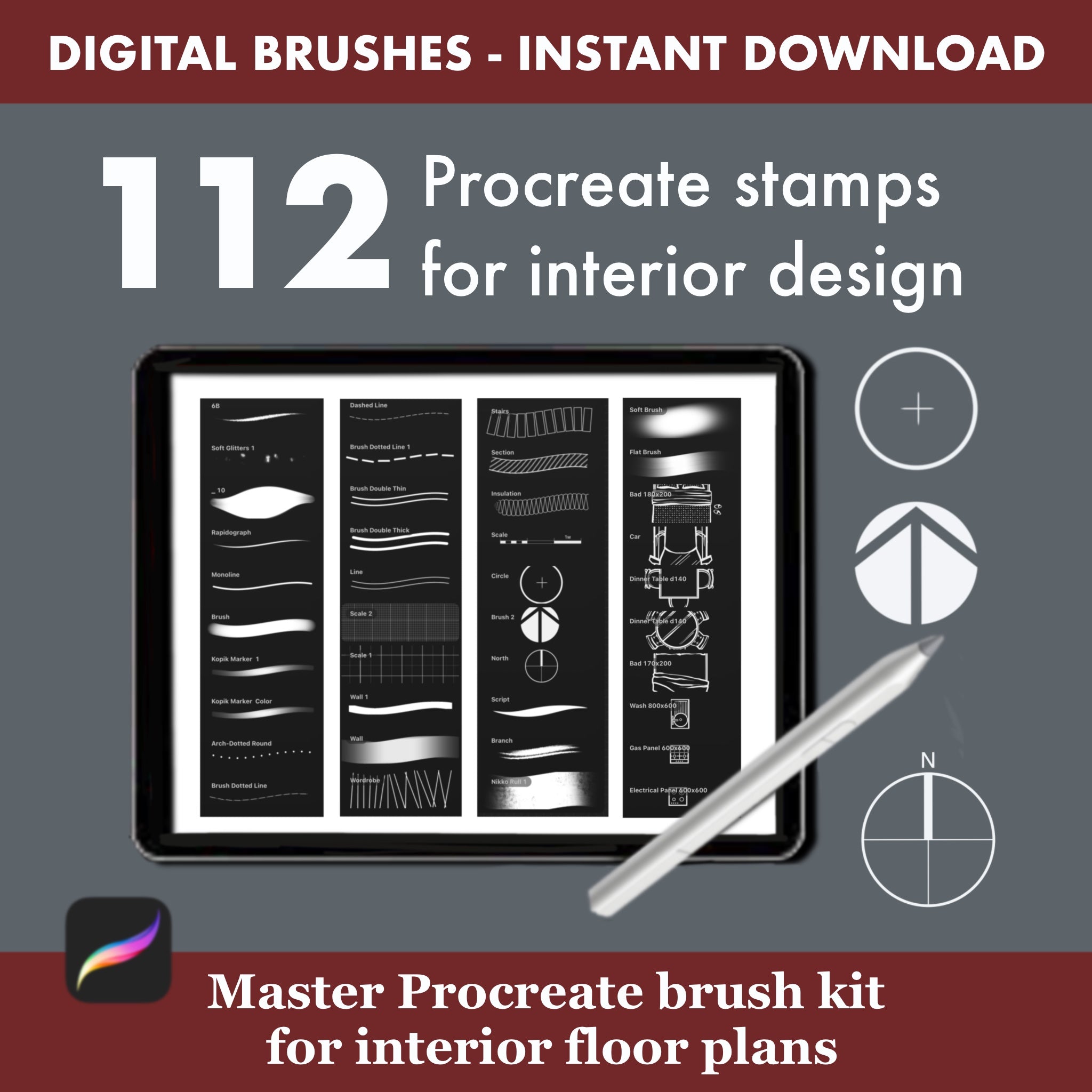 112 Procreate interior design brushes master kit for professional floor plans and furniture layouts