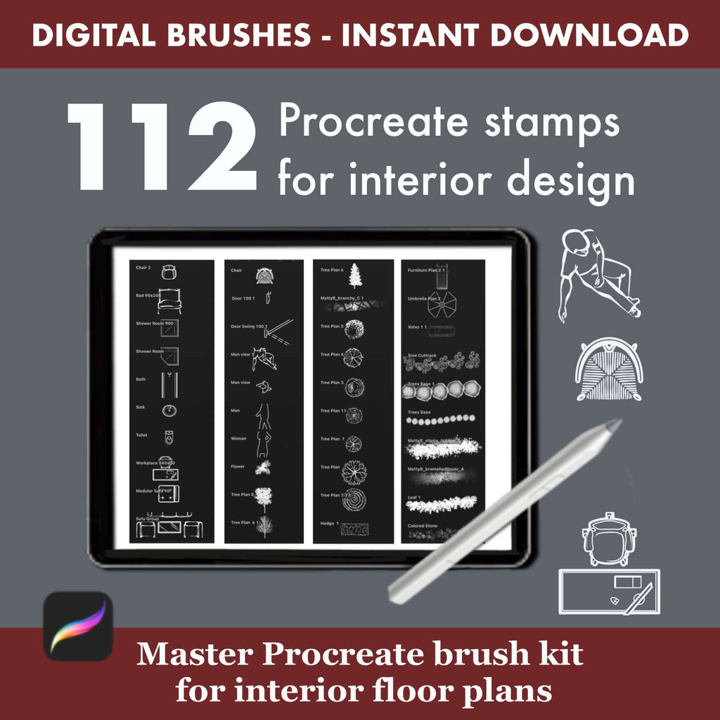 112 Procreate Interior Design Brushes: Floor Plan - Procreate Brush Shop by Sviatlana Fedzianiova