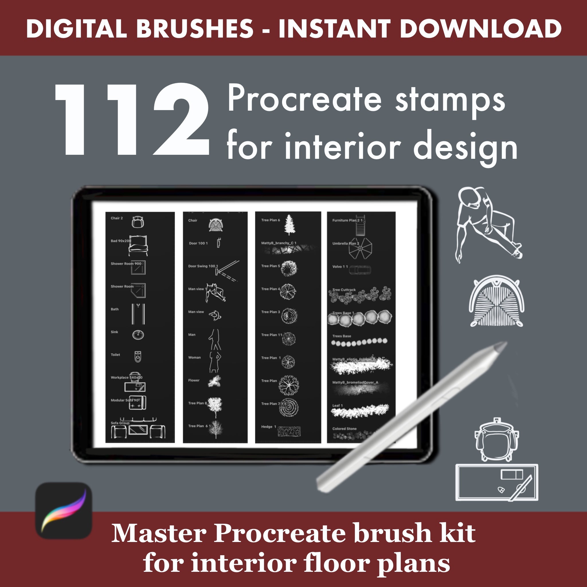 112 Procreate brushes for precise interior floor plans, dimensions and furniture placement