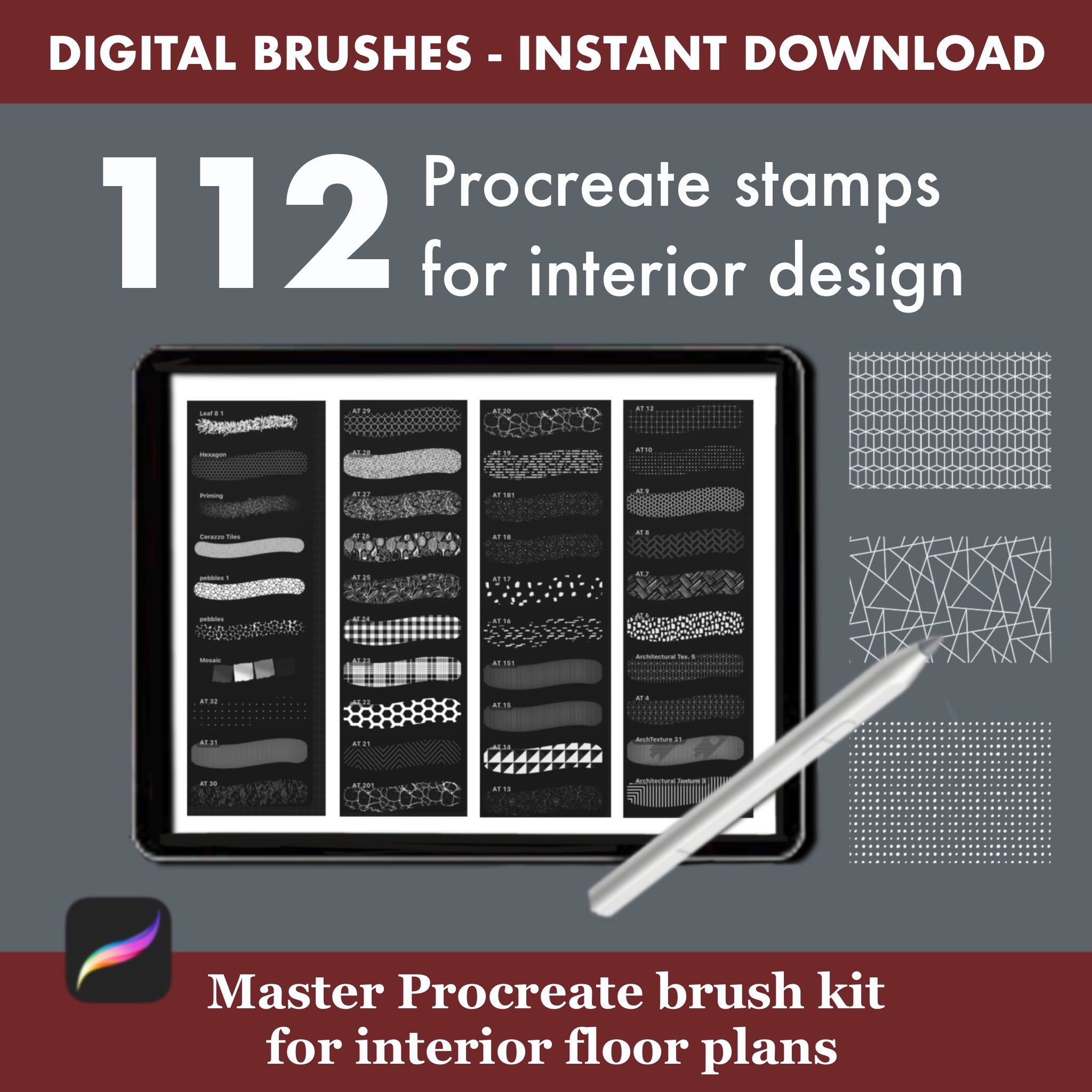 Interior design Procreate toolkit with 112 brushes for kitchen, bathroom and living room plans