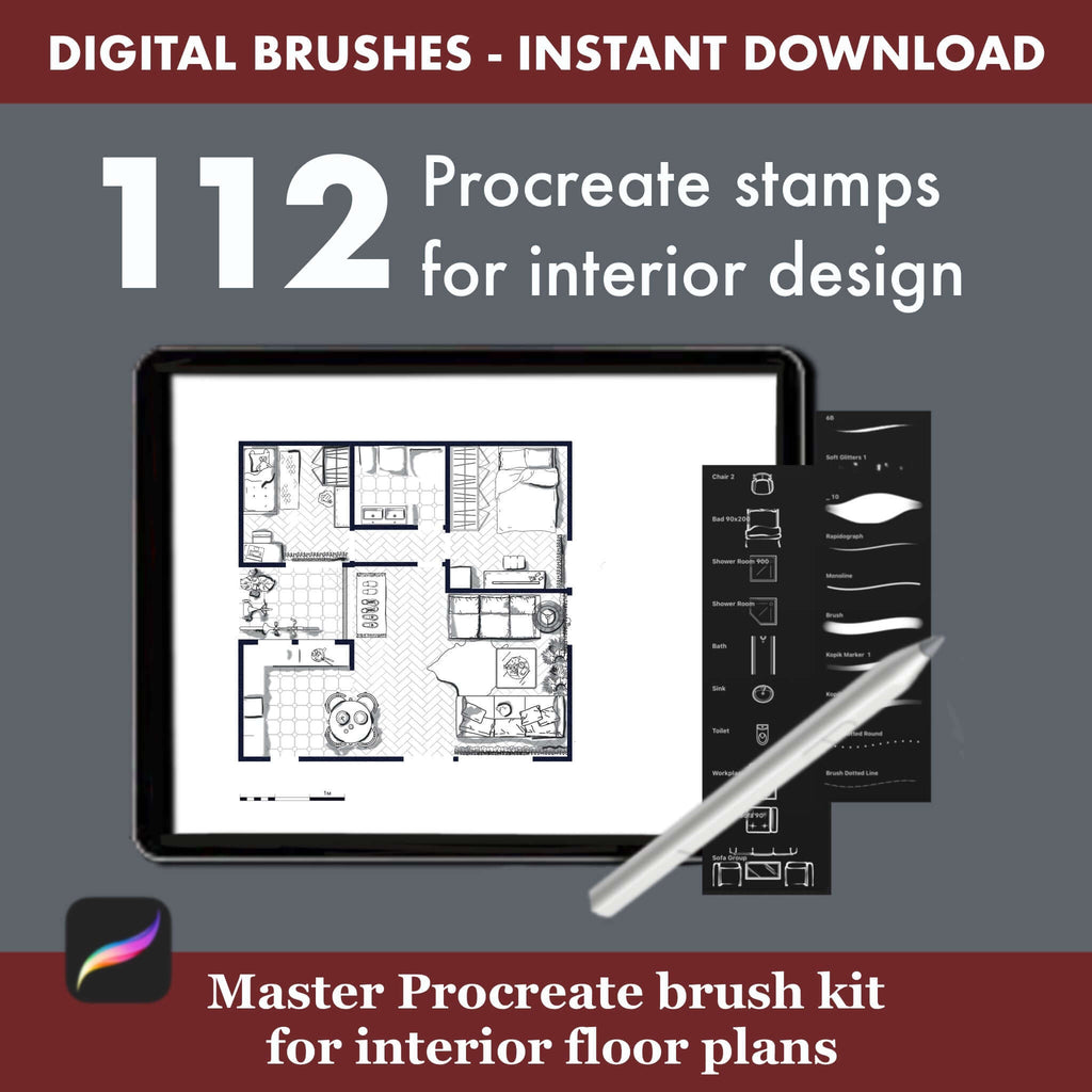 112 Procreate Interior Design Brushes: Floor Plan - Procreate Brush Shop by Sviatlana Fedzianiova