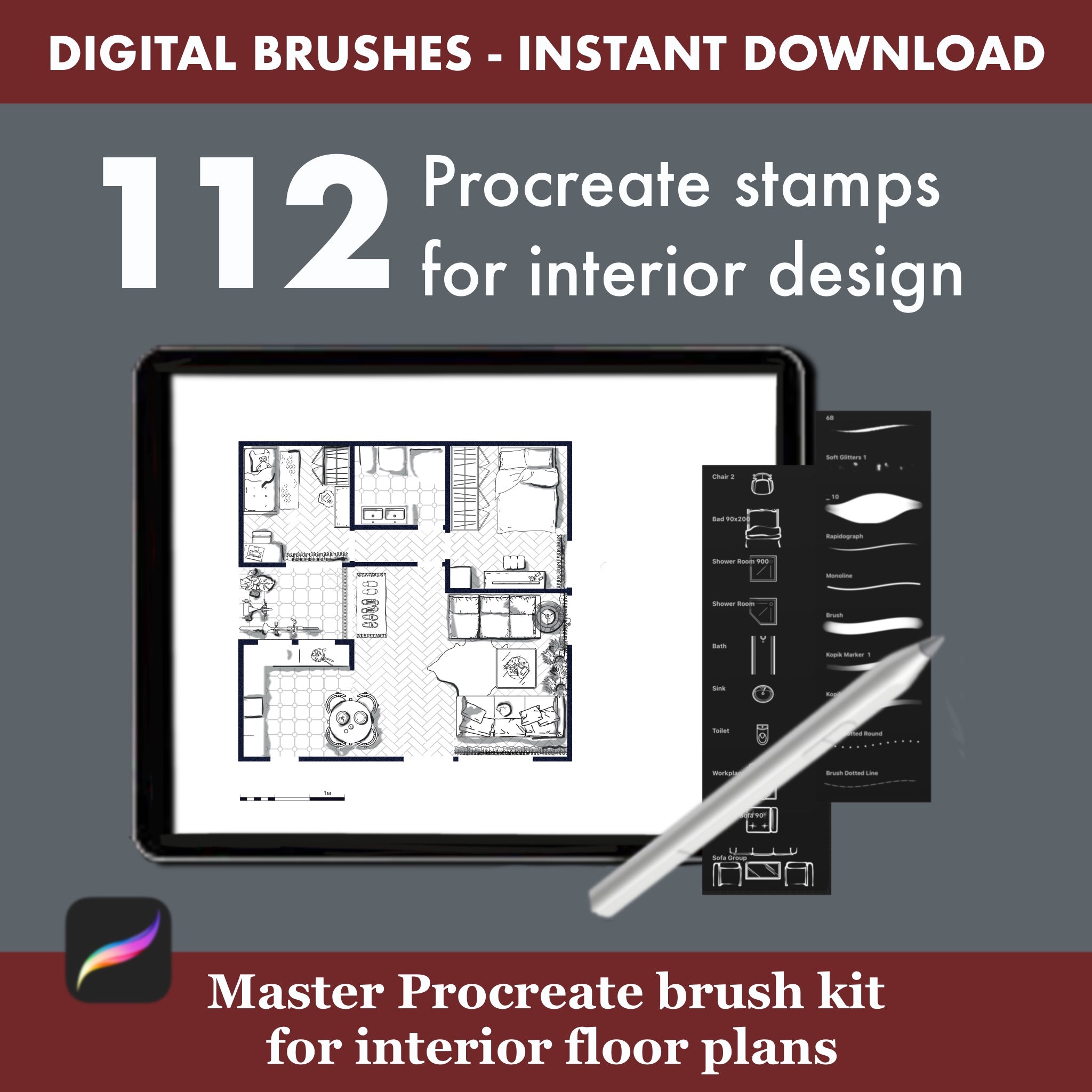 112 Procreate brushes master kit for interior floor plans – instant download for iPad designers