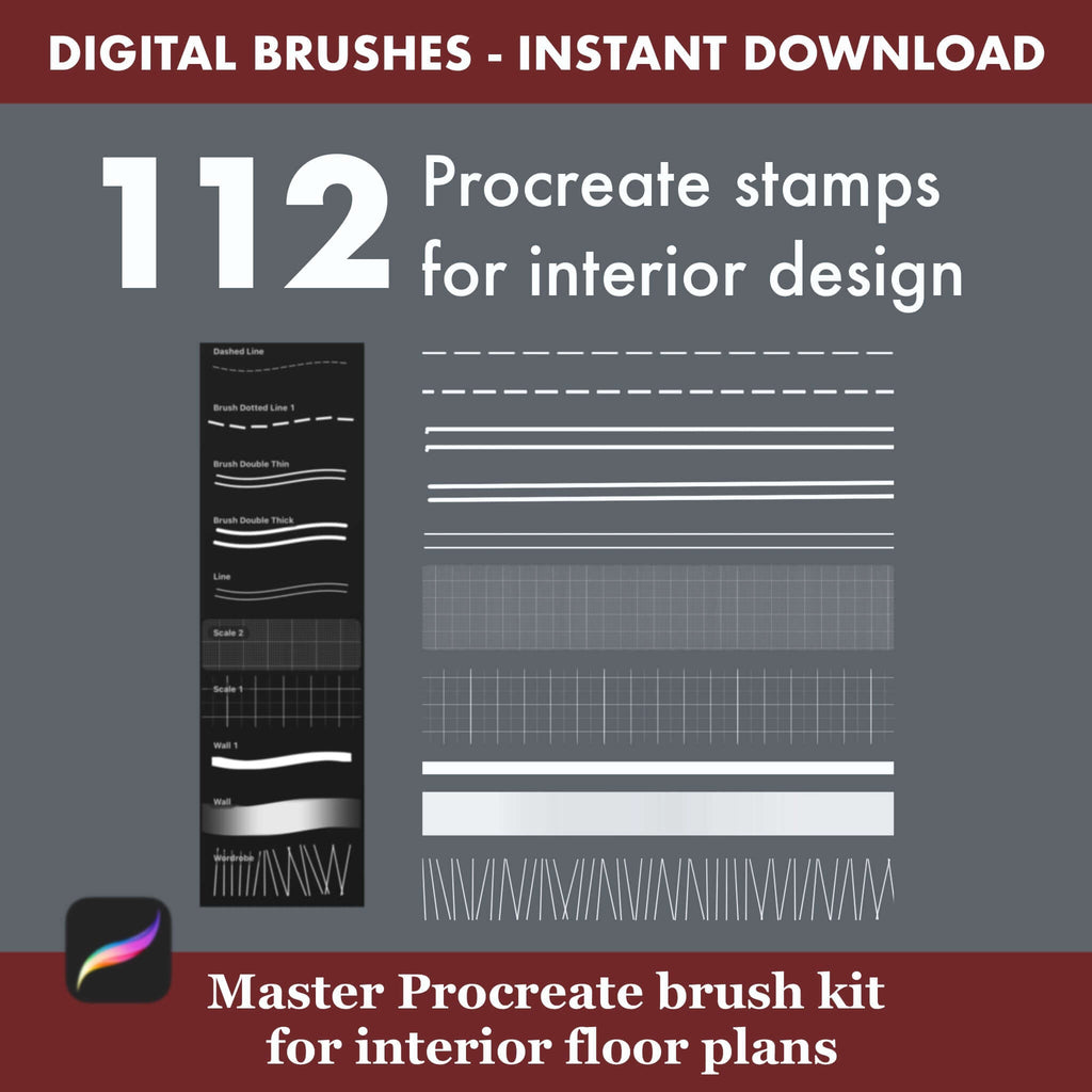 112 Procreate Interior Design Brushes: Floor Plan - Procreate Brush Shop by Sviatlana Fedzianiova