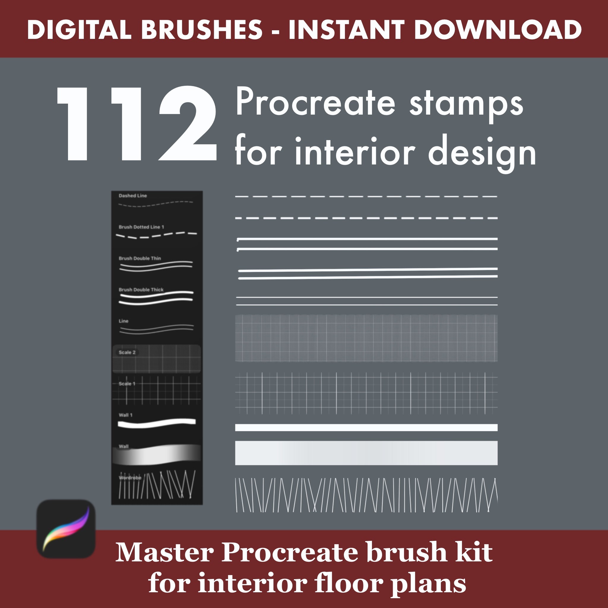 Procreate floor plan elements: 112 brushes for walls, doors, furniture and technical symbols