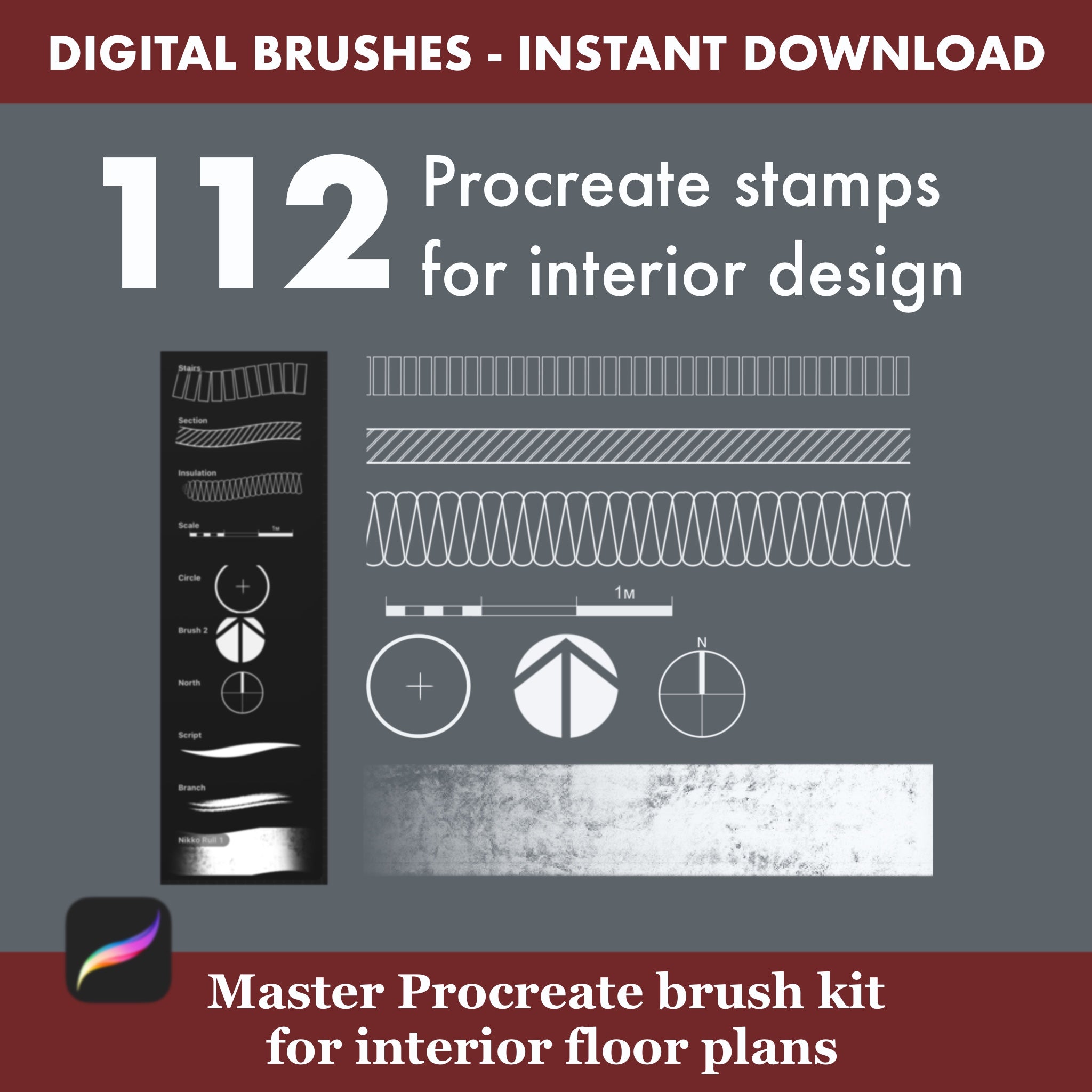 Digital interior design software – Procreate master kit with 112 floor plan brushes for iPad