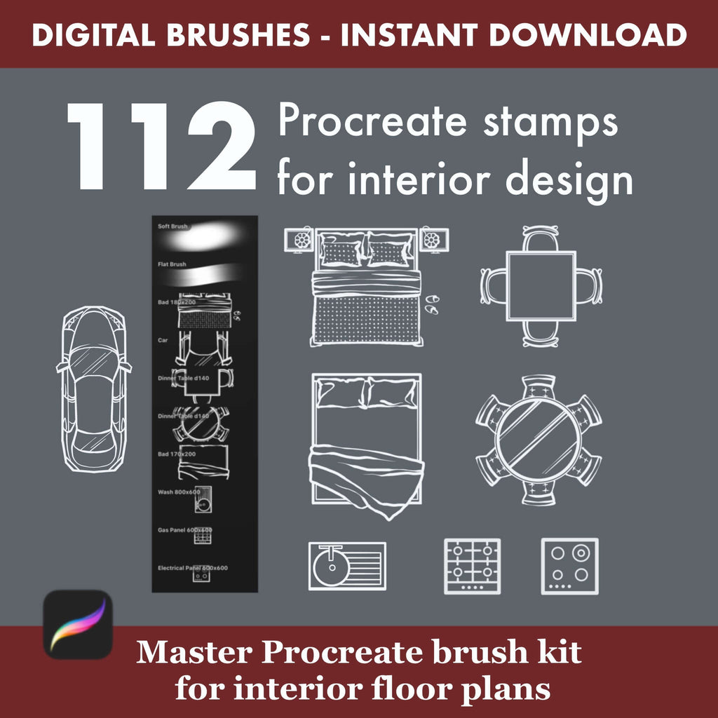112 Procreate Interior Design Brushes: Floor Plan - Procreate Brush Shop by Sviatlana Fedzianiova