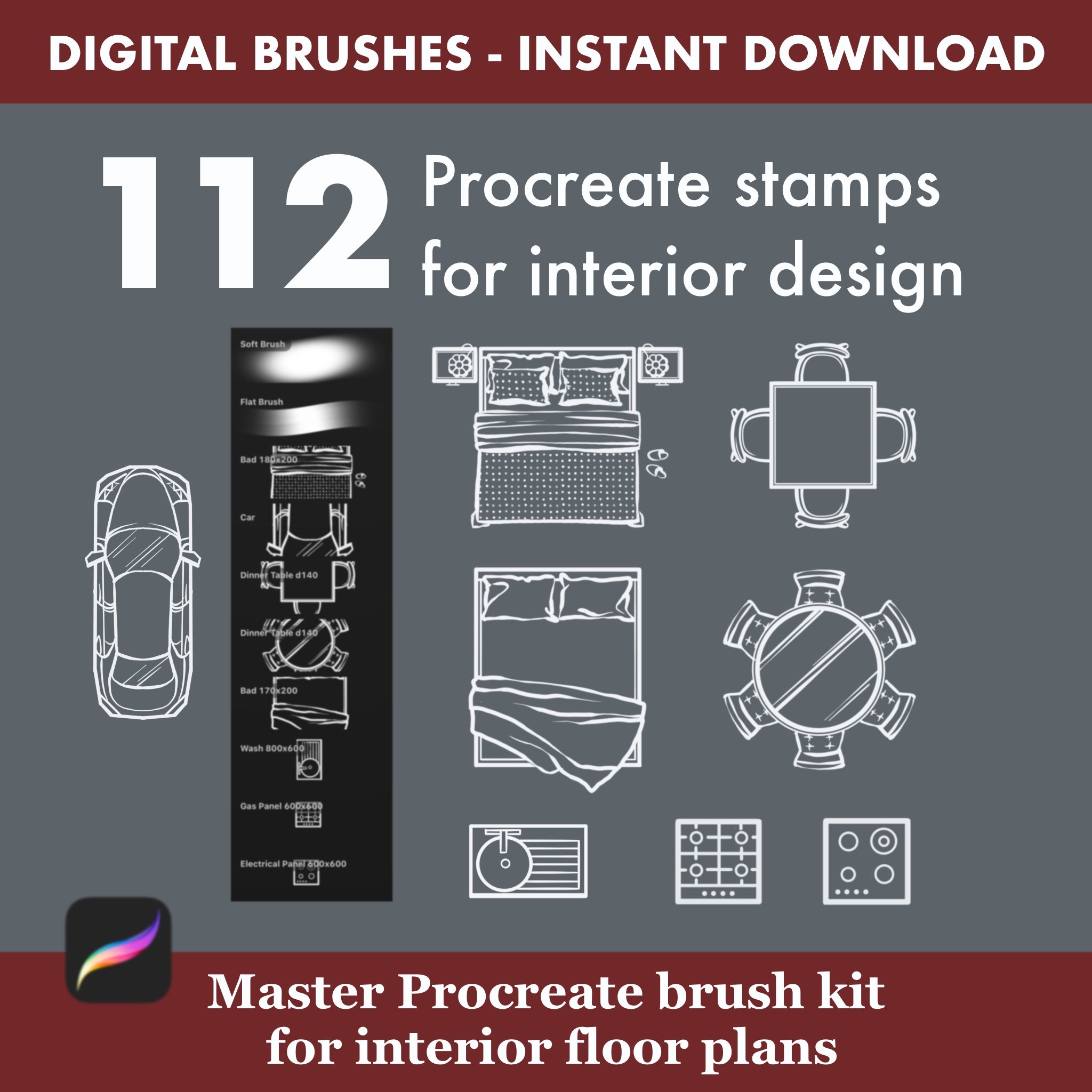 Complete Procreate architecture brush set for 2D floor plans, furniture stamps and lighting diagrams