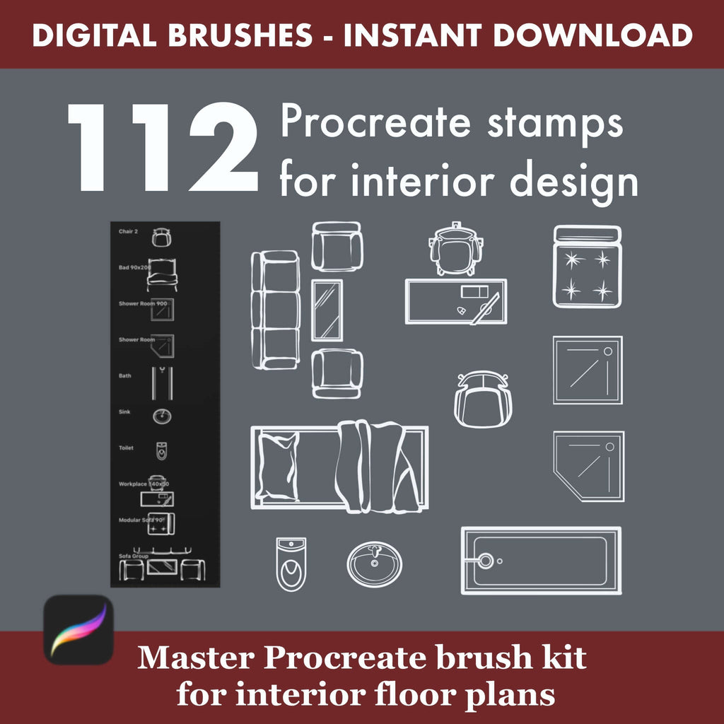 112 Procreate Interior Design Brushes: Floor Plan - Procreate Brush Shop by Sviatlana Fedzianiova
