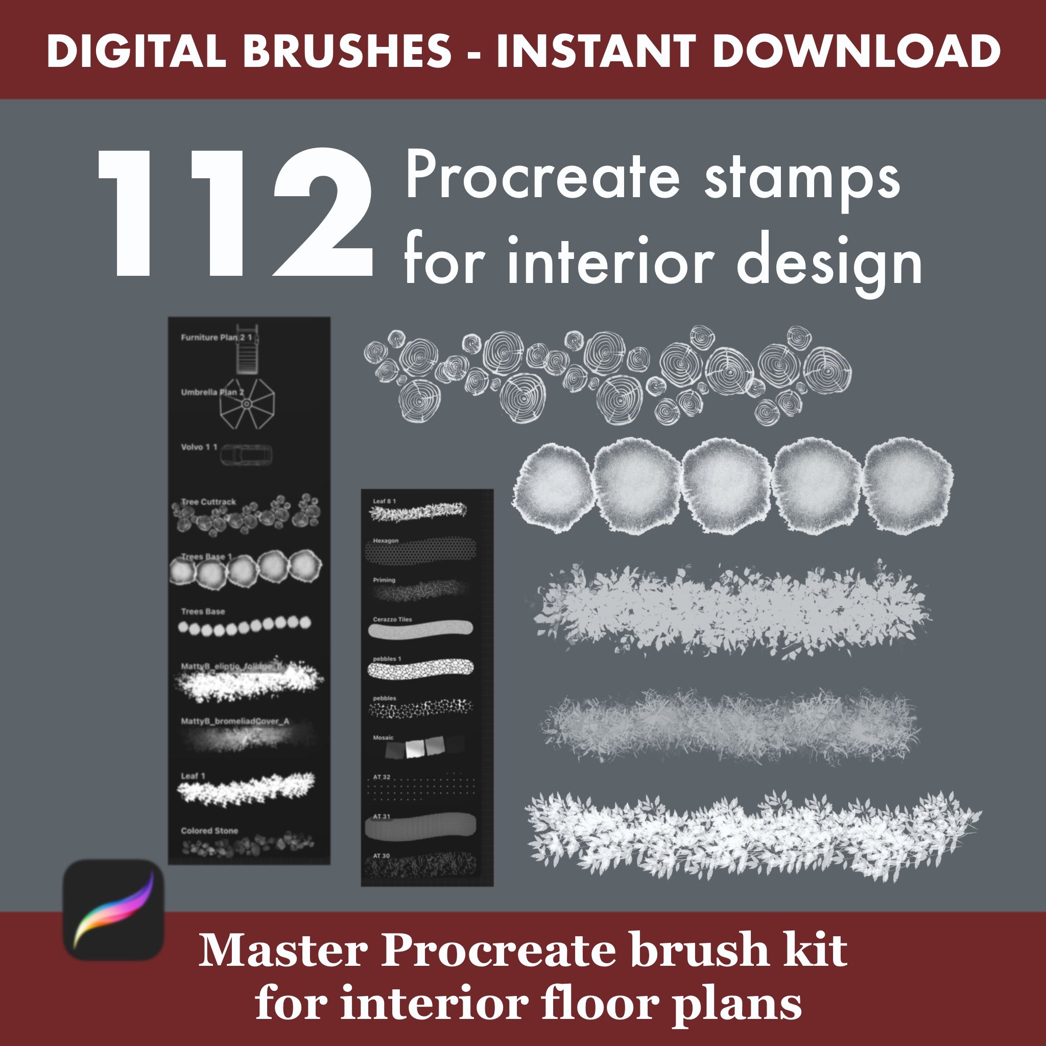 Procreate interior architecture brushes set of 112 for floor plans, elevations and furniture sketches