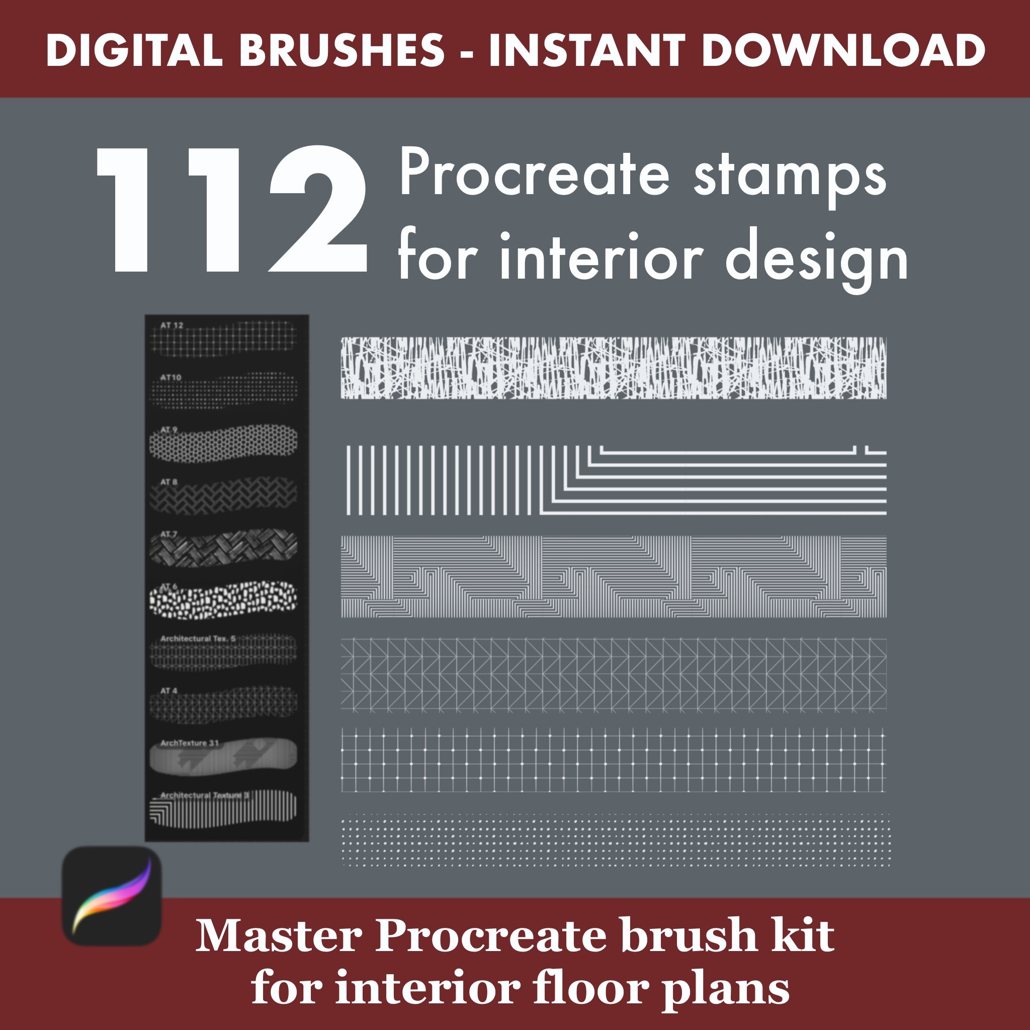 Architectural Procreate brush collection for client presentations – 112 interior design stamps