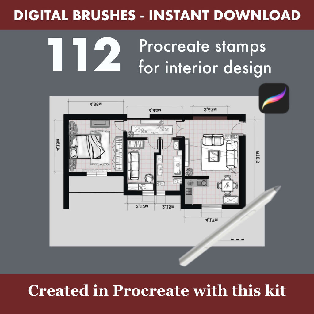 112 Procreate Interior Design Brushes: Floor Plan - Procreate Brush Shop by Sviatlana Fedzianiova