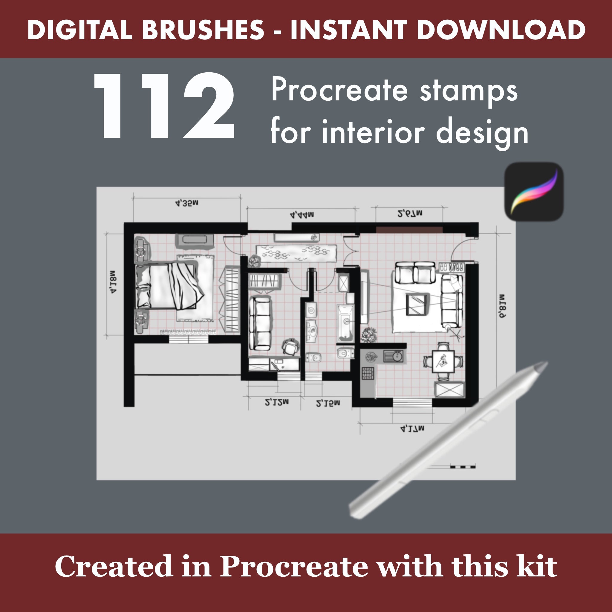 112 Procreate stamps for interior design: furniture, plumbing, lines, and measuring tools for 2D plans. Compatible with ArchiCAD. Instant download