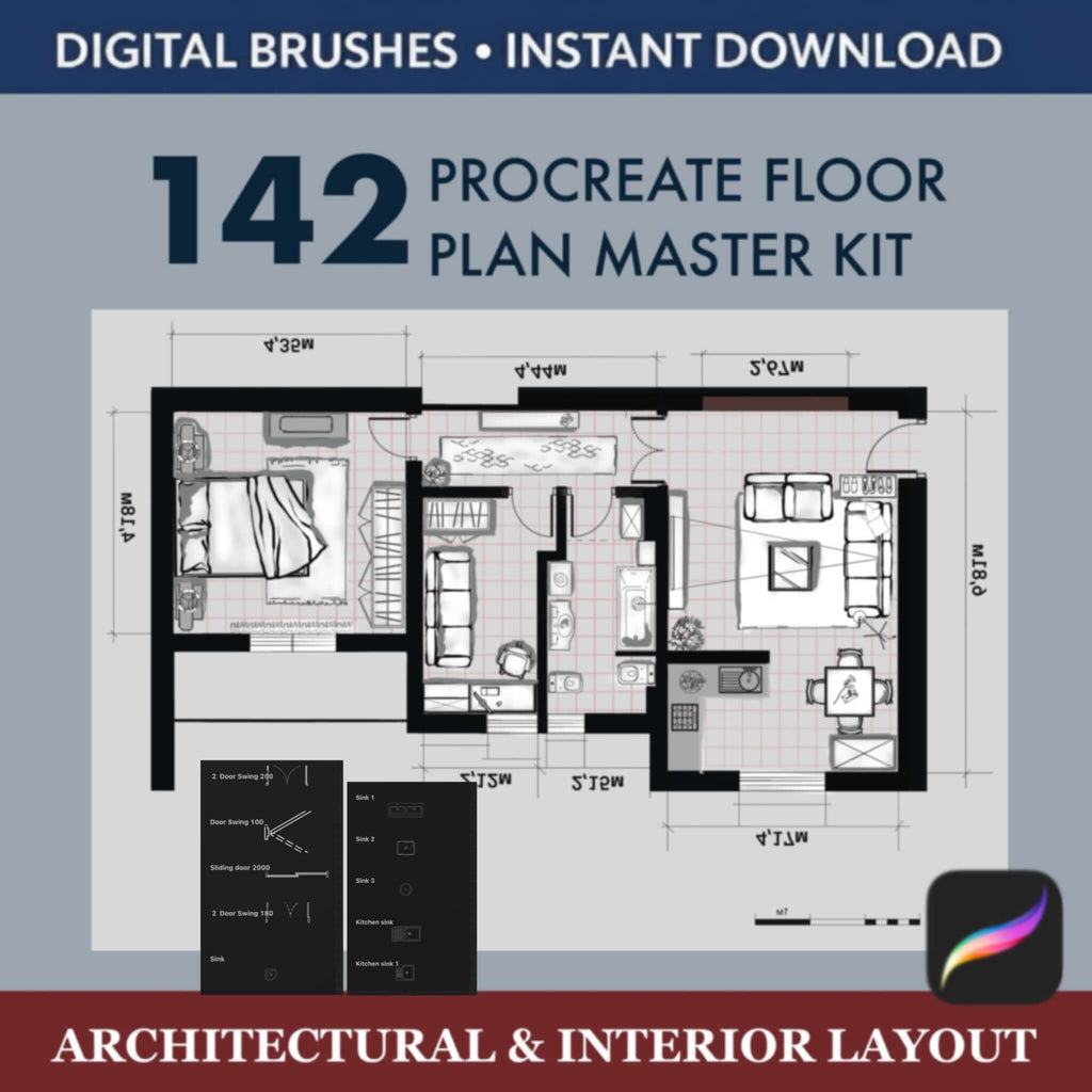 142 Procreate Floor Plan Brushes Master Kit |  Interior + GIFT PNG - Procreate Brush Shop by Sviatlana Fedzianiova