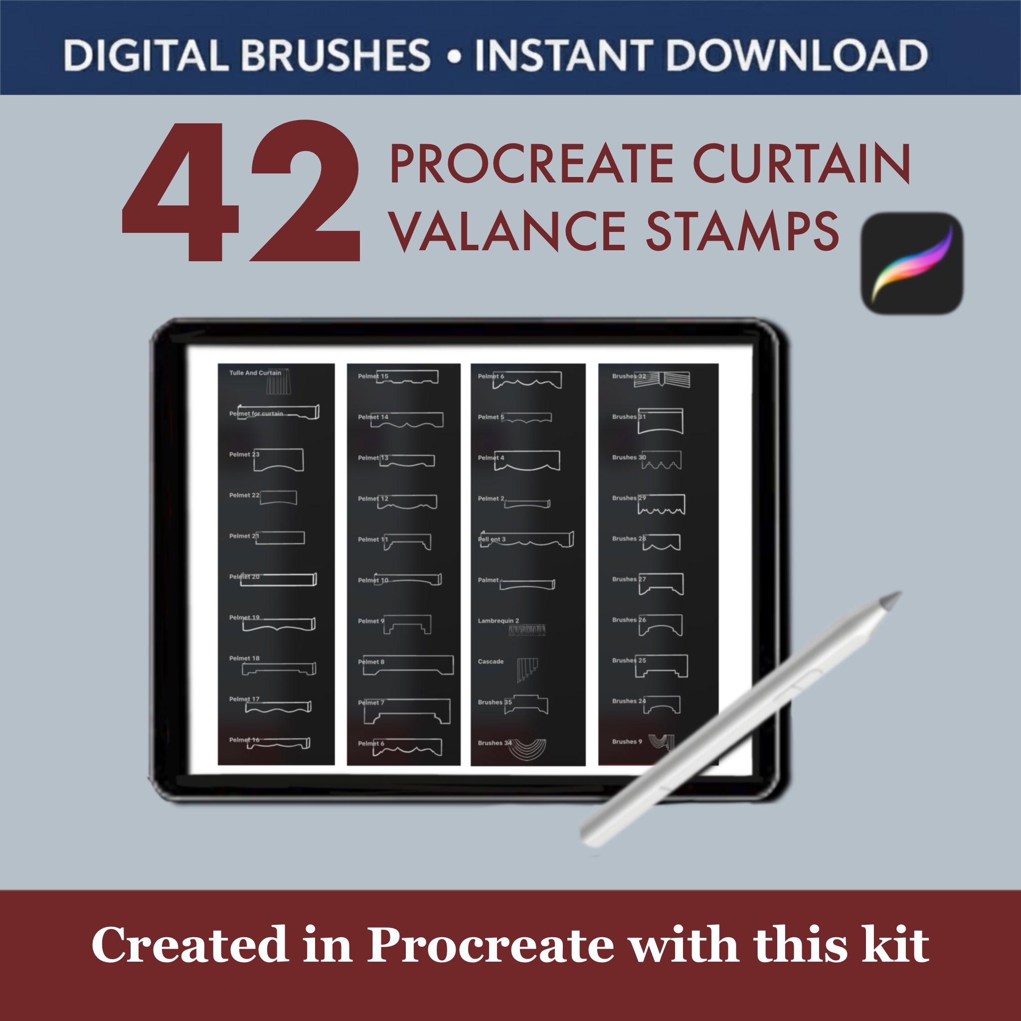 42 Procreate Curtain Valance Brushes & Stamps | Drapery Window