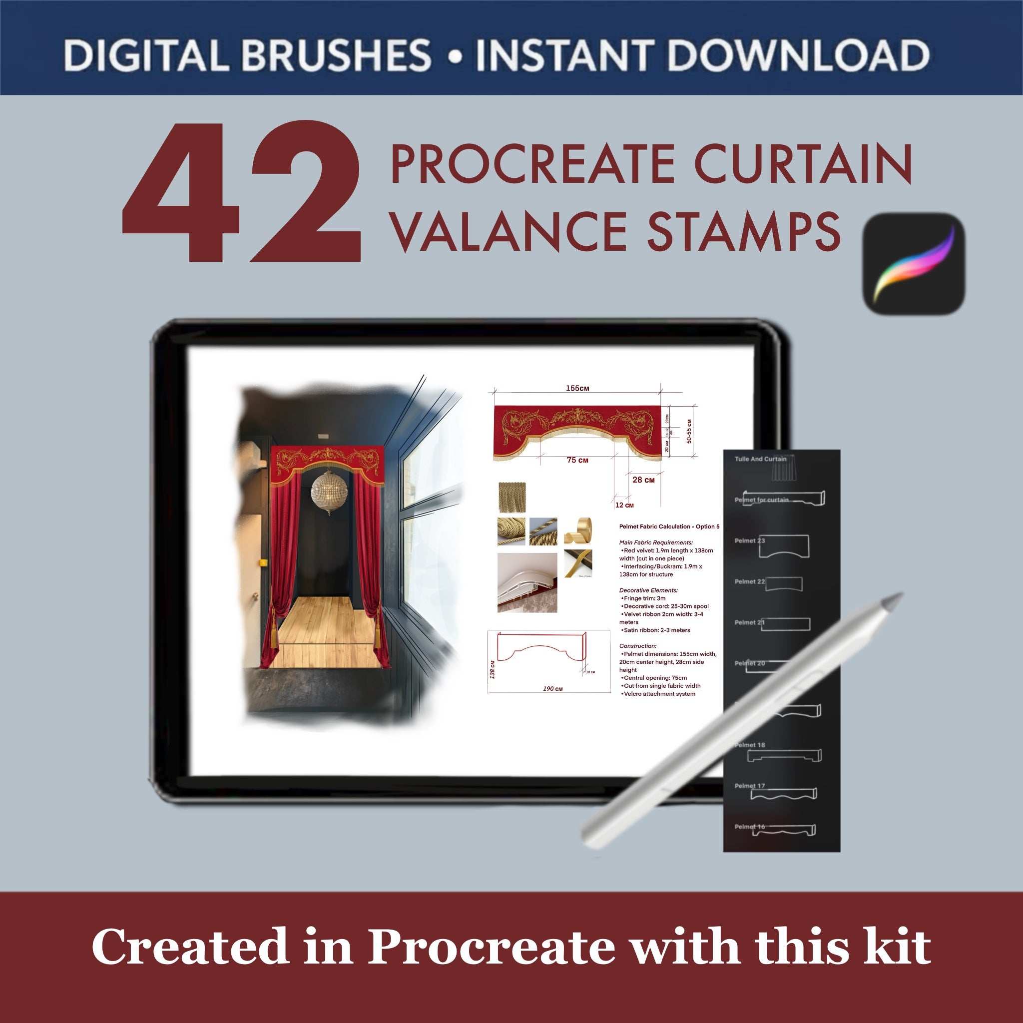 42 Unique Valance Stamps: A comprehensive range of styles, including classic pleated valances, tailored swags, cascading ruffles, and modern cornices.