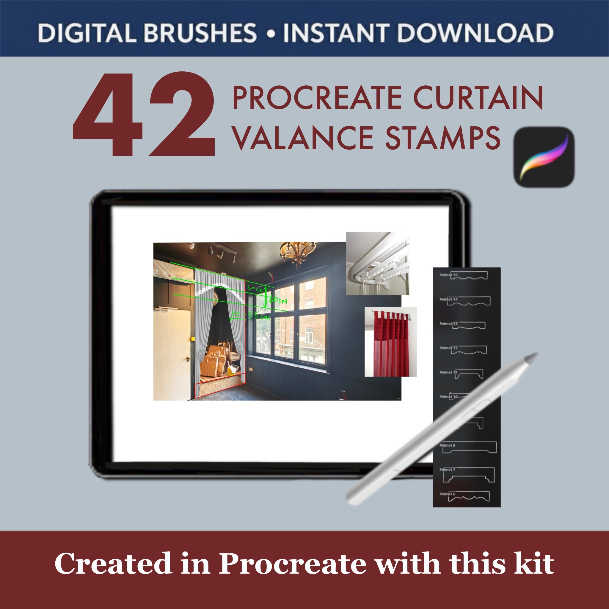 42 Procreate stamps for valances and draperies: quickly add elegant window treatments to interior sketches. Ideal for textile mockups.