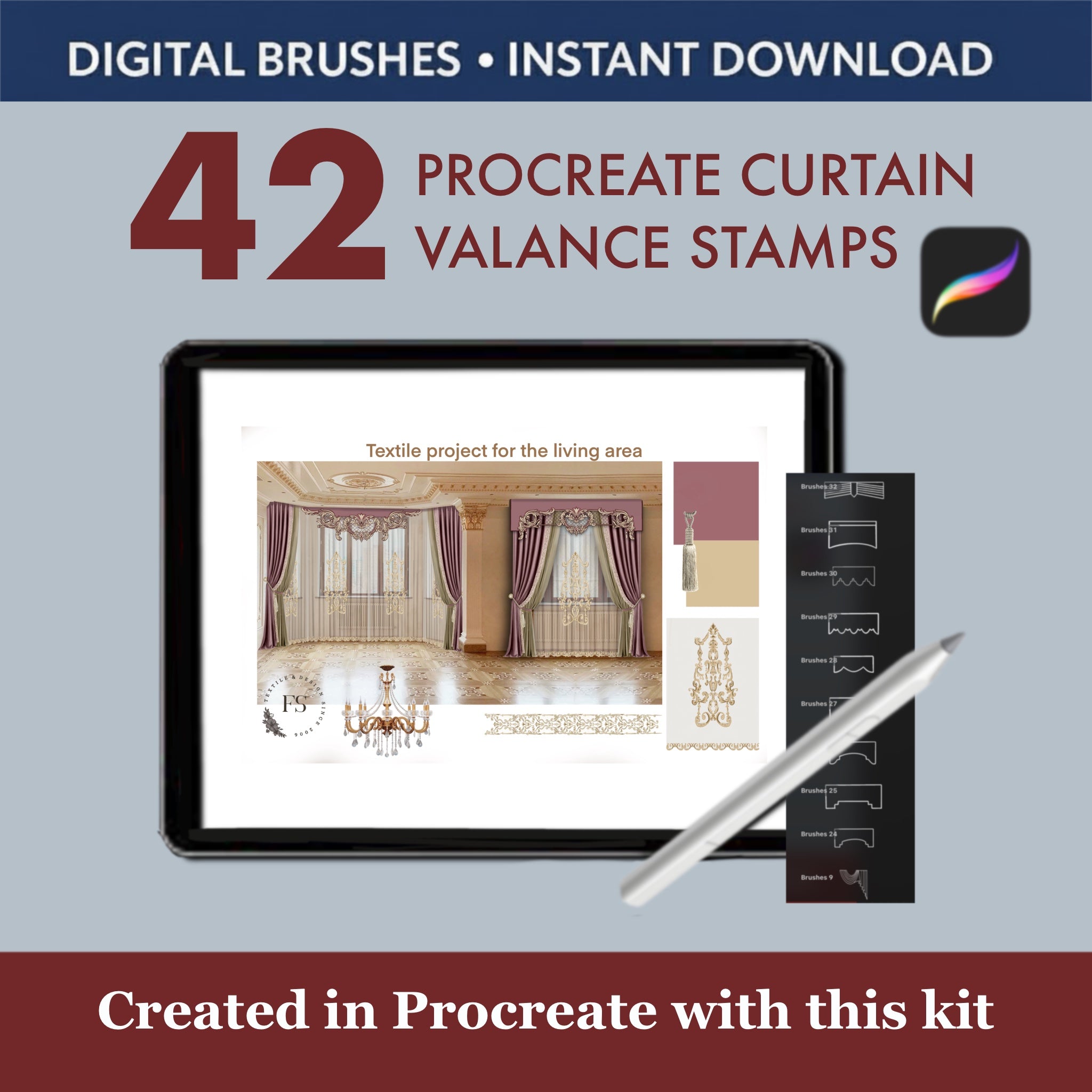Intuitive Application: Simple tap-and-stamp function makes it incredibly easy to place, size, and recolor valances directly onto your iPad sketches.