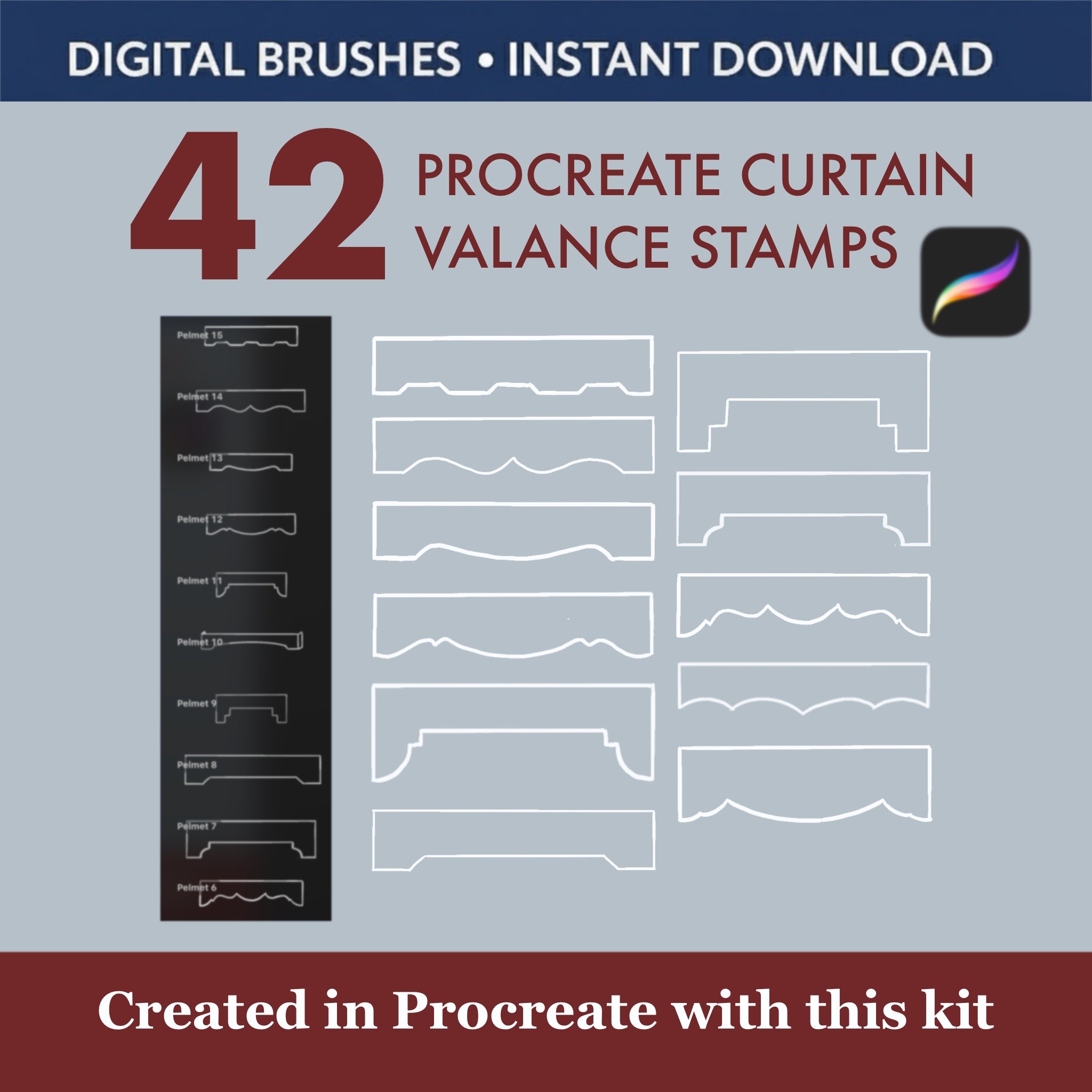 Elevate your client presentations with this exclusive set of 42 Procreate Curtain Valance Brushes and Stamps. This specialized collection is the ultimate tool for interior designers and textile decorators who need to quickly add precise, high-quality drapery and window treatment details to their digital sketches.