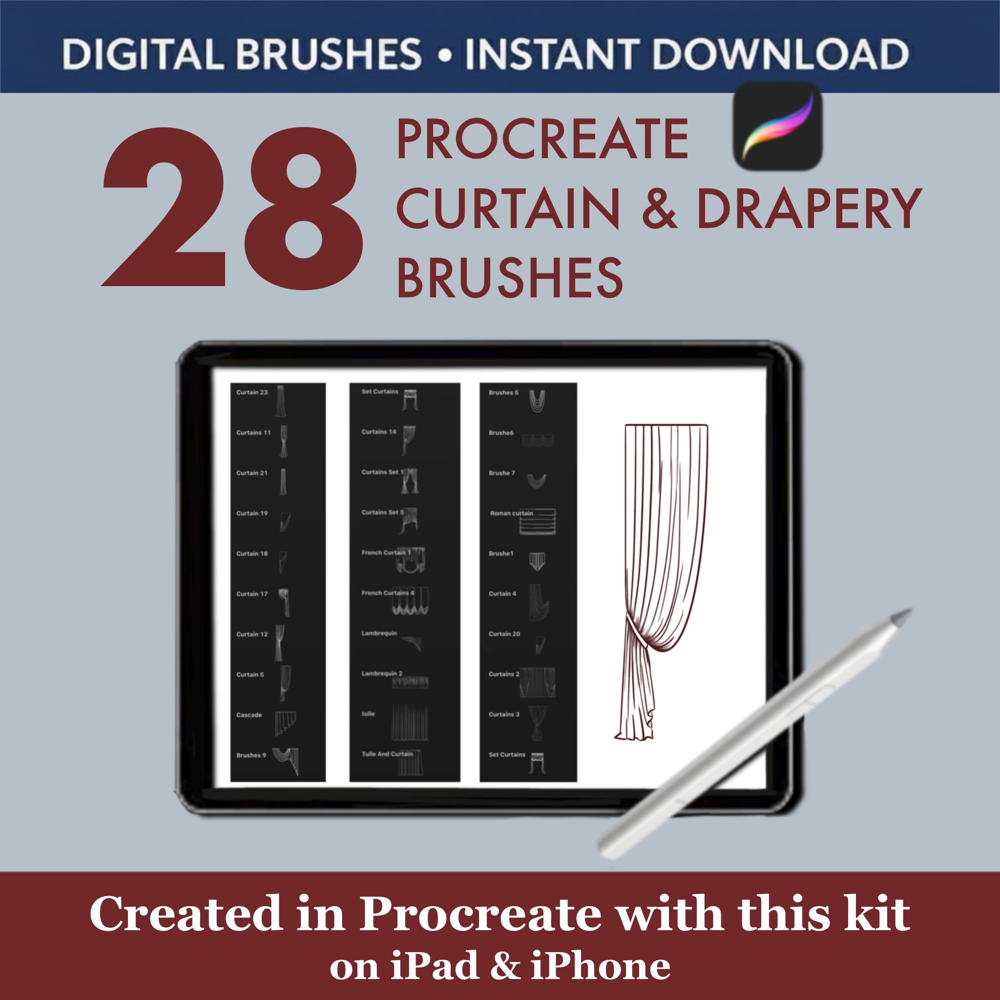 28 PROCREATE CURTAIN & DRAPERY BRUSHES: WINDOW TREATMENT STAMPS