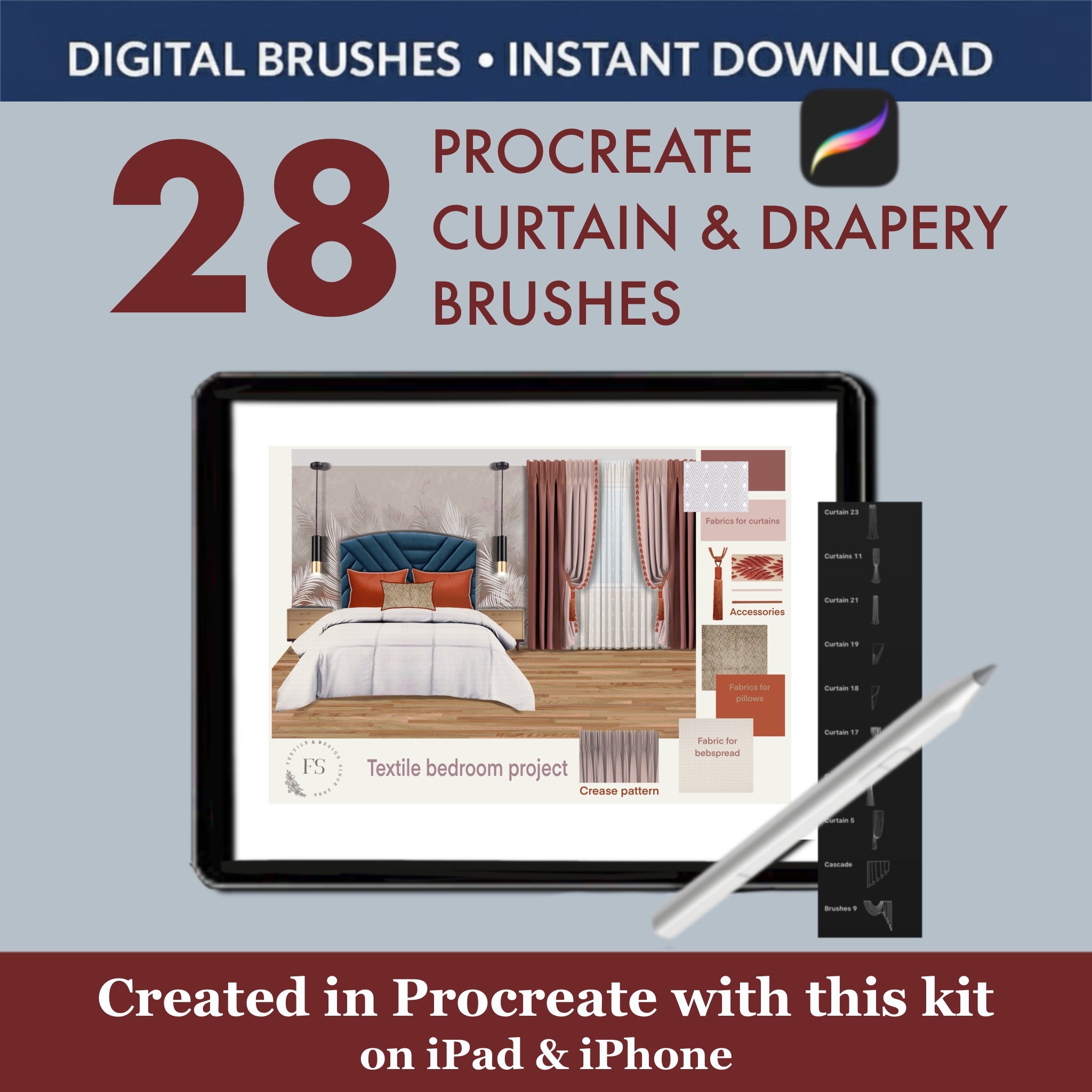 28 Procreate Curtain & Drapery Brushes | Window Treatment & Interior Design 