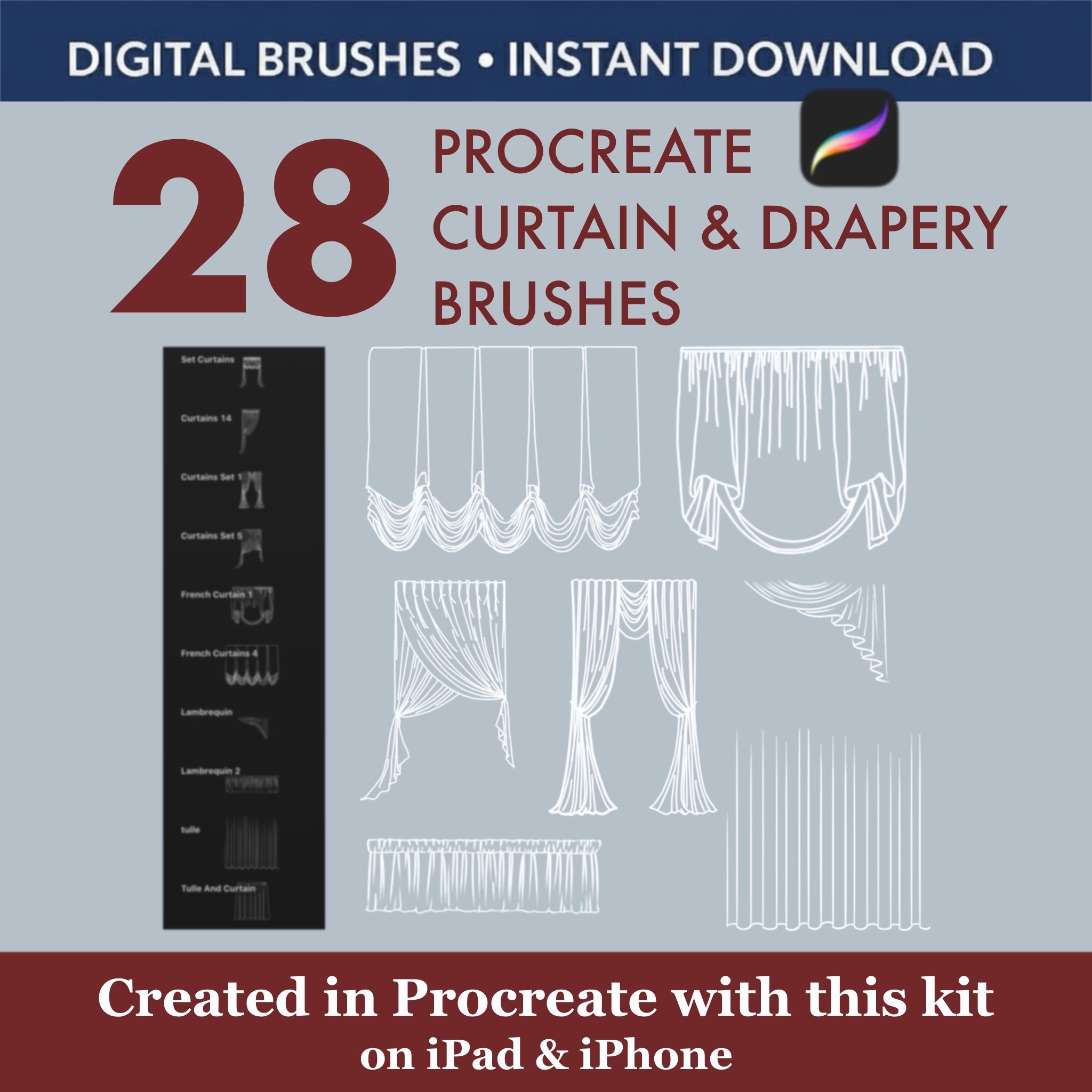 28 Procreate Curtain and Drapery Stamps: Instant, realistic window illustrations. Perfect for interior designers and textile designers.
