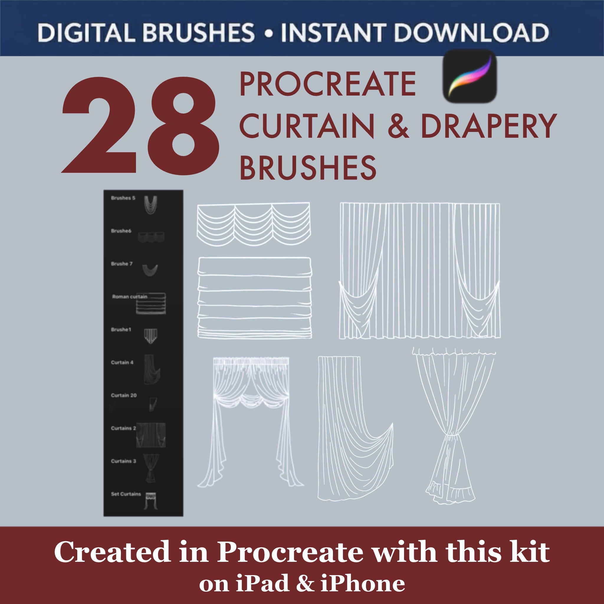 28 Unique Curtain & Drapery Stamps: Includes designs for pleated drapes, sheer curtains, tie-backs, valances, and various folded arrangements.