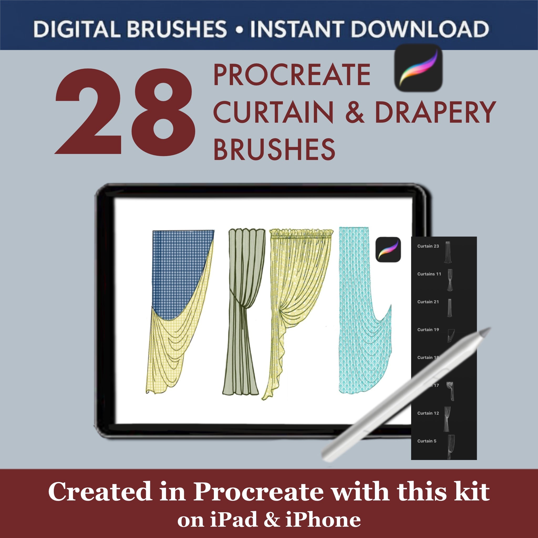 Elevate your interior design sketches and client presentations with this exclusive set of 28 Procreate Curtain and Drapery Brushes. Designed for speed and realism, this collection is the go-to resource for quickly adding a variety of high-quality window treatment visualizations to your digital projects.