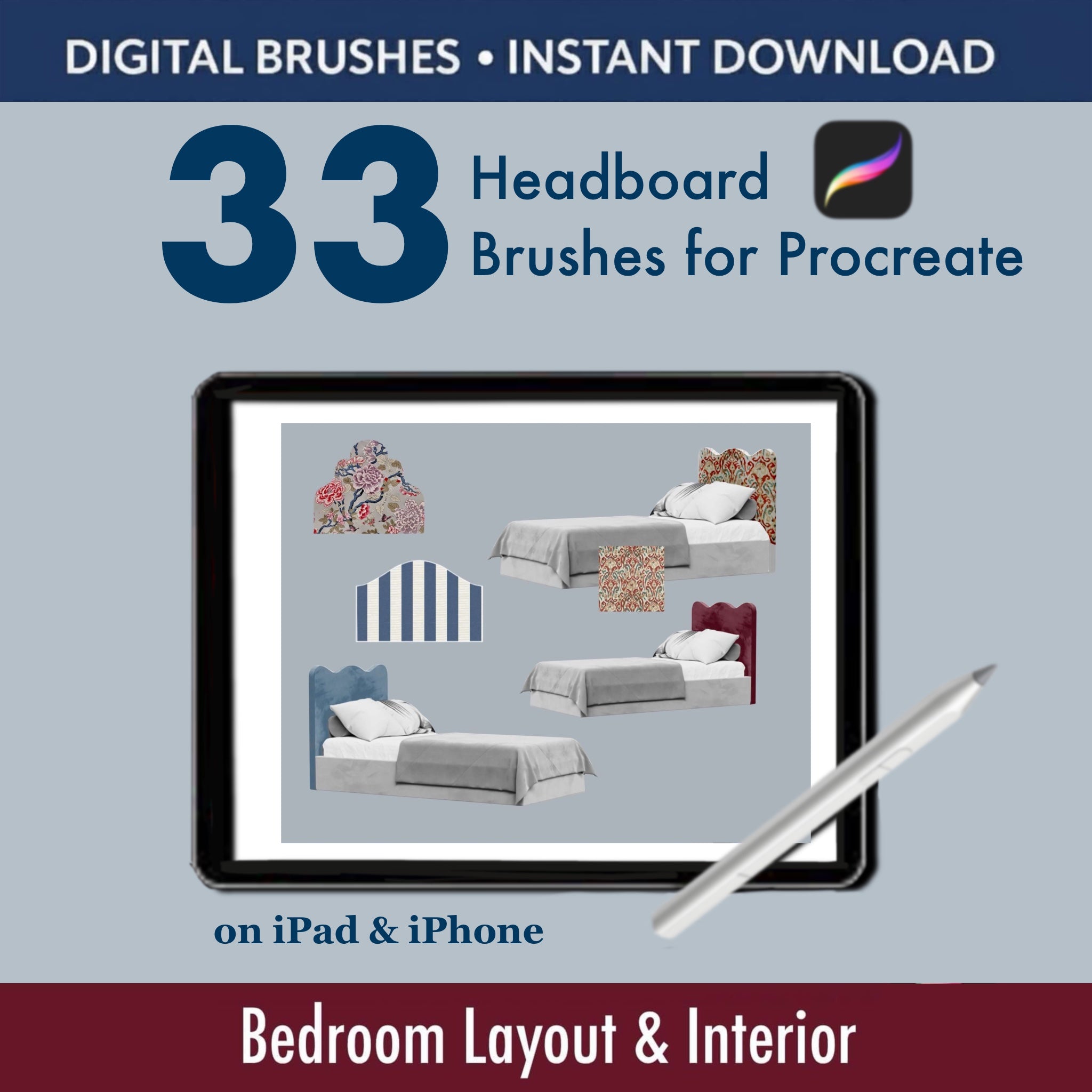 Perfect for interior designers, textile decorators and architects who need quick, consistent bedroom visuals for floor plans, elevations and fabric proposals. Use the brushes for client presentations, social media content, online courses or digital products.