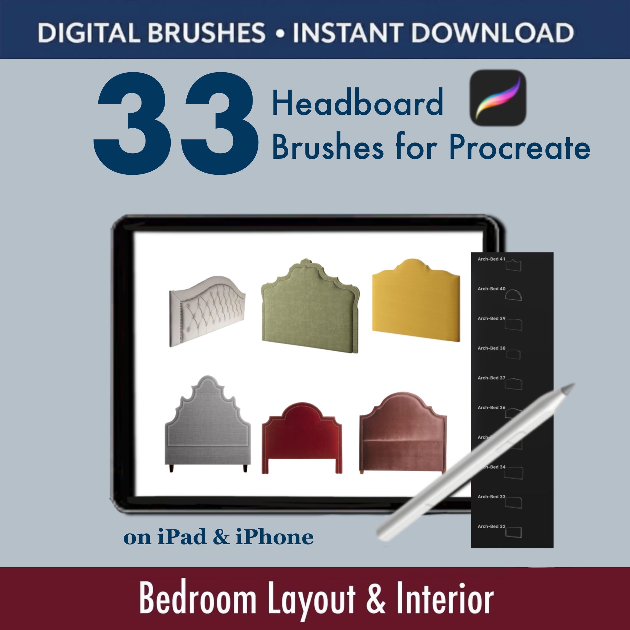 Design bedroom concepts faster with this curated set of 33 Procreate headboard brushes. Each brush is based on real interior references, so your sketches look professional, clean and ready to show to clients.