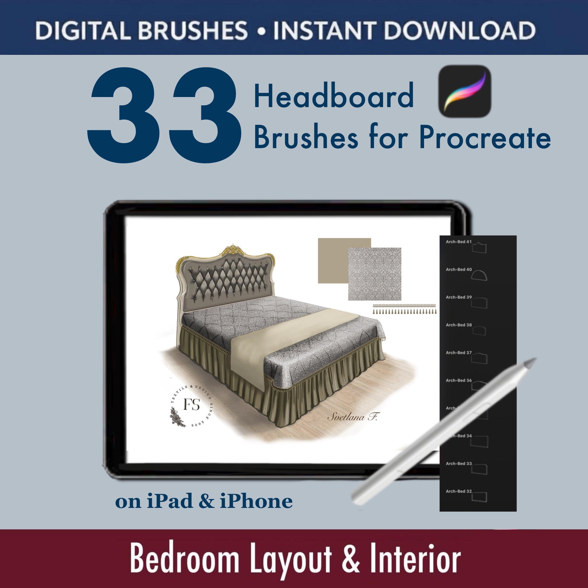 Perfect for interior designers, textile decorators and architects who need quick, consistent bedroom visuals for floor plans, elevations and fabric proposals.
