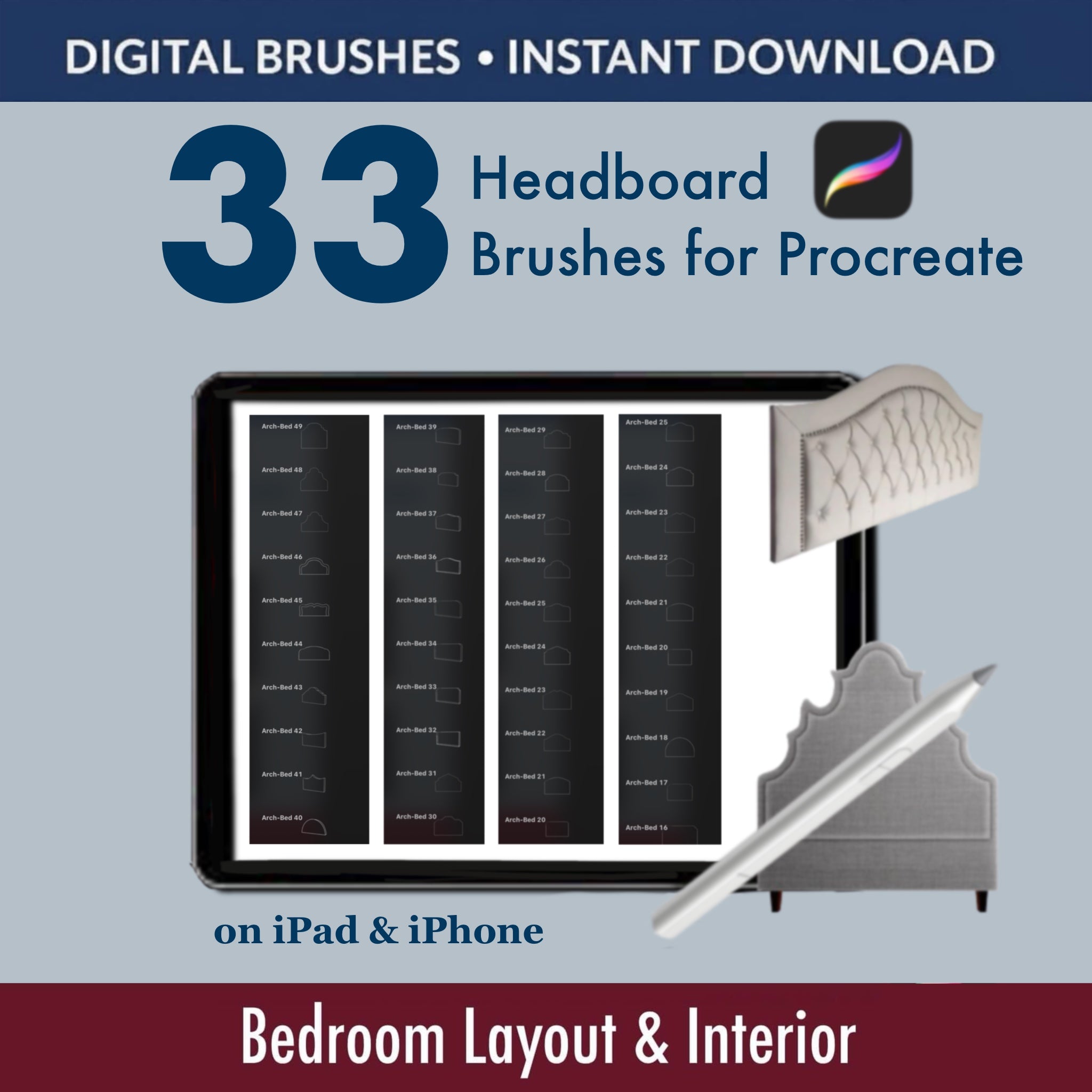 33 Procreate brushes to quickly sketch stylish bed headboards and bedroom layouts for interior presentations and moodboards.