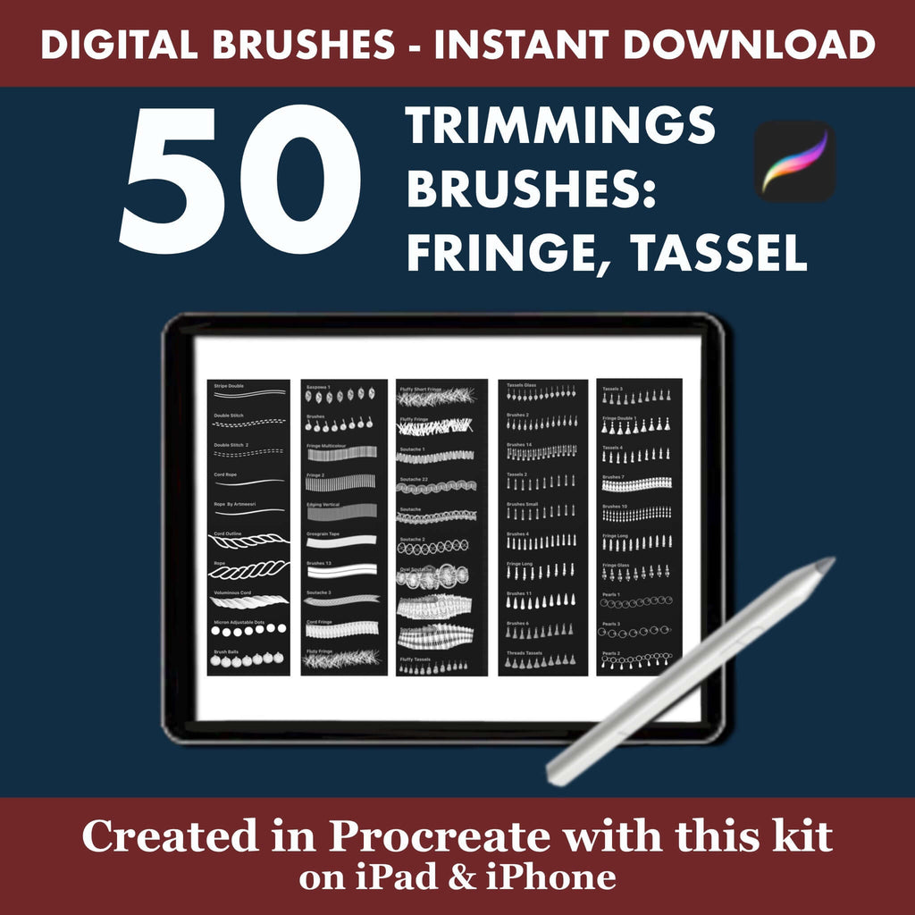50 Procreate Trimmings Brushes | Fringe Tassel & Decorative Trim for Curtains - Procreate Brush Shop by Sviatlana Fedzianiova
