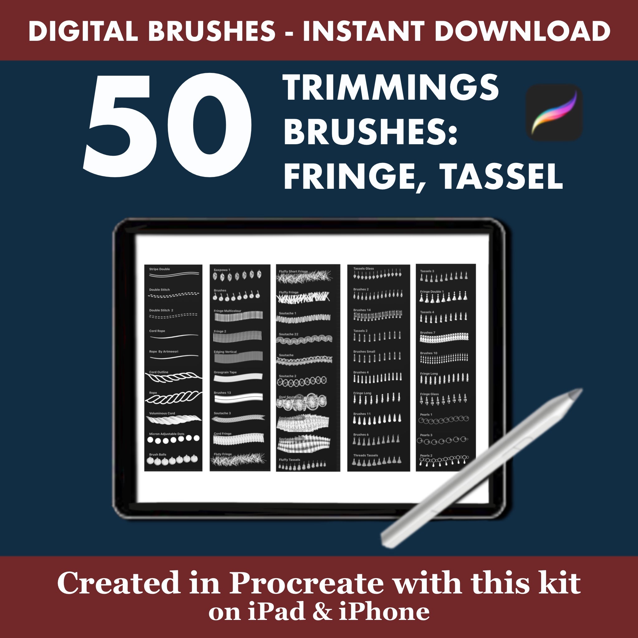 50 PROCREATE TRIMMINGS BRUSHES: FRINGE, TASSEL & DECORATIVE TRIM