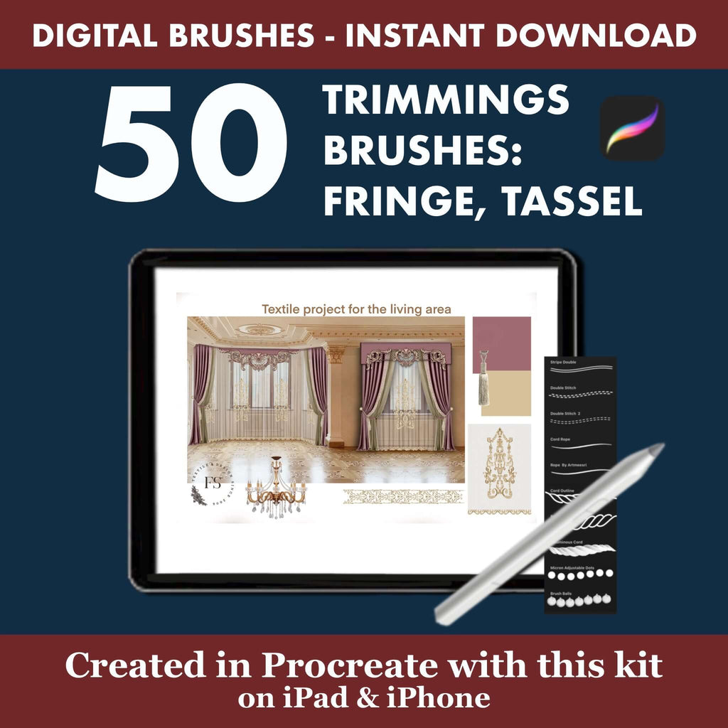 50 Procreate Trimmings Brushes | Fringe Tassel & Decorative Trim for Curtains - Procreate Brush Shop by Sviatlana Fedzianiova
