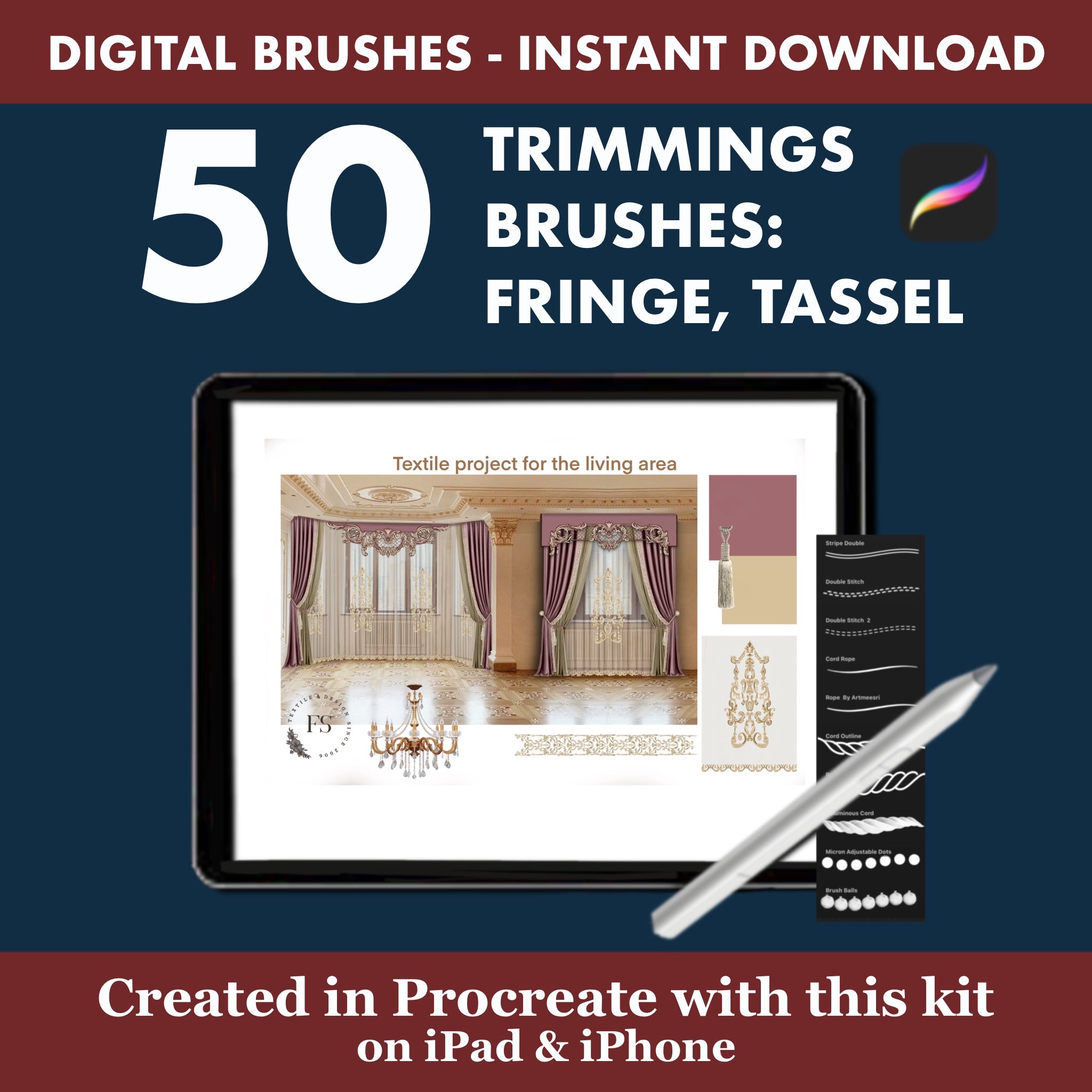 50 Procreate Trimmings Brushes | Fringe Tassel & Decorative Trim for Curtains