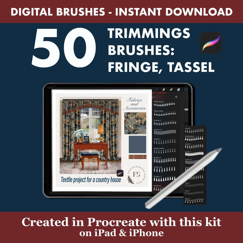 50 Procreate Trimmings Brushes | Fringe Tassel & Decorative Trim for Curtains - Procreate Brush Shop by Sviatlana Fedzianiova