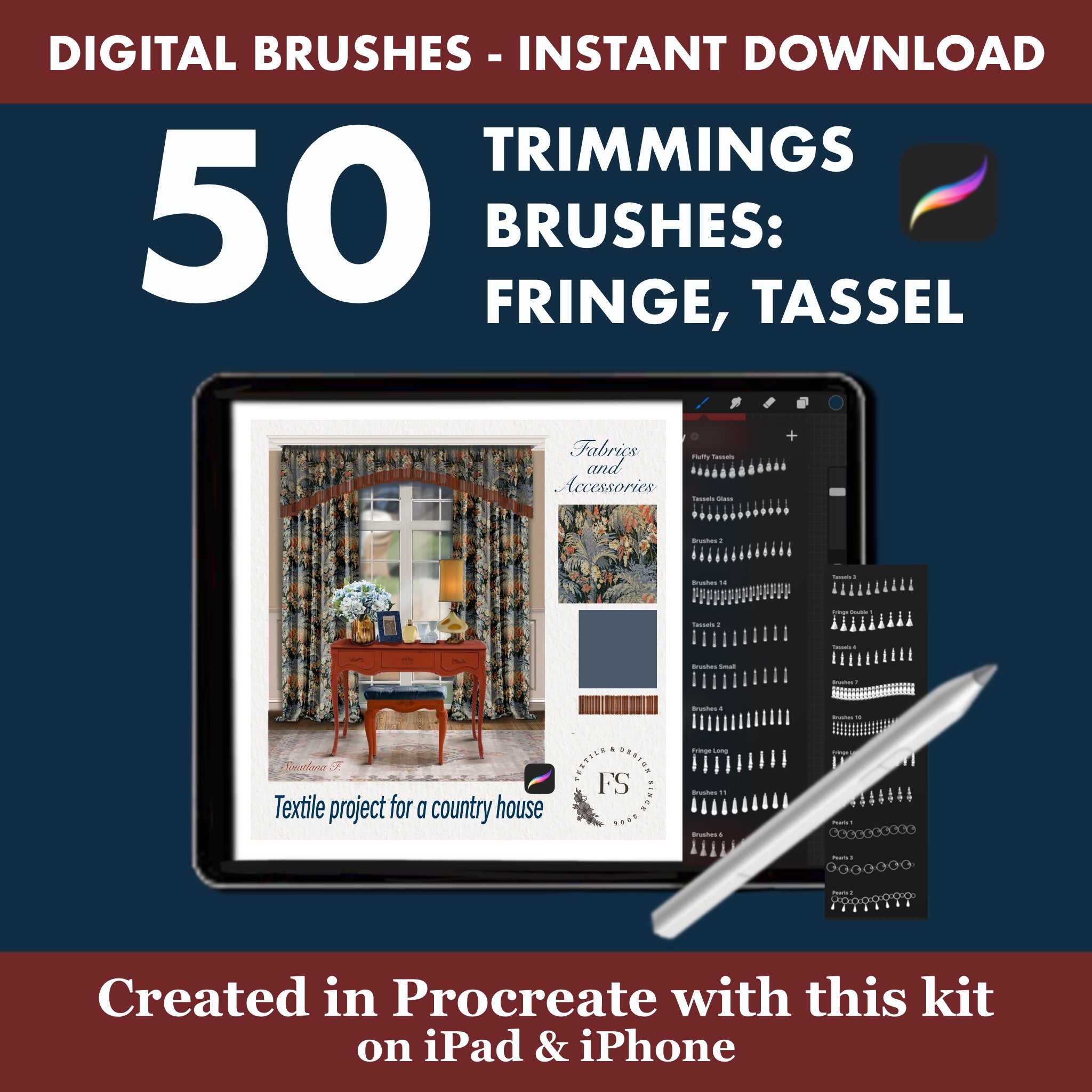 textile and interior design projects with this comprehensive set of 50 high-quality Procreate Trimmings Brushes and Stamps