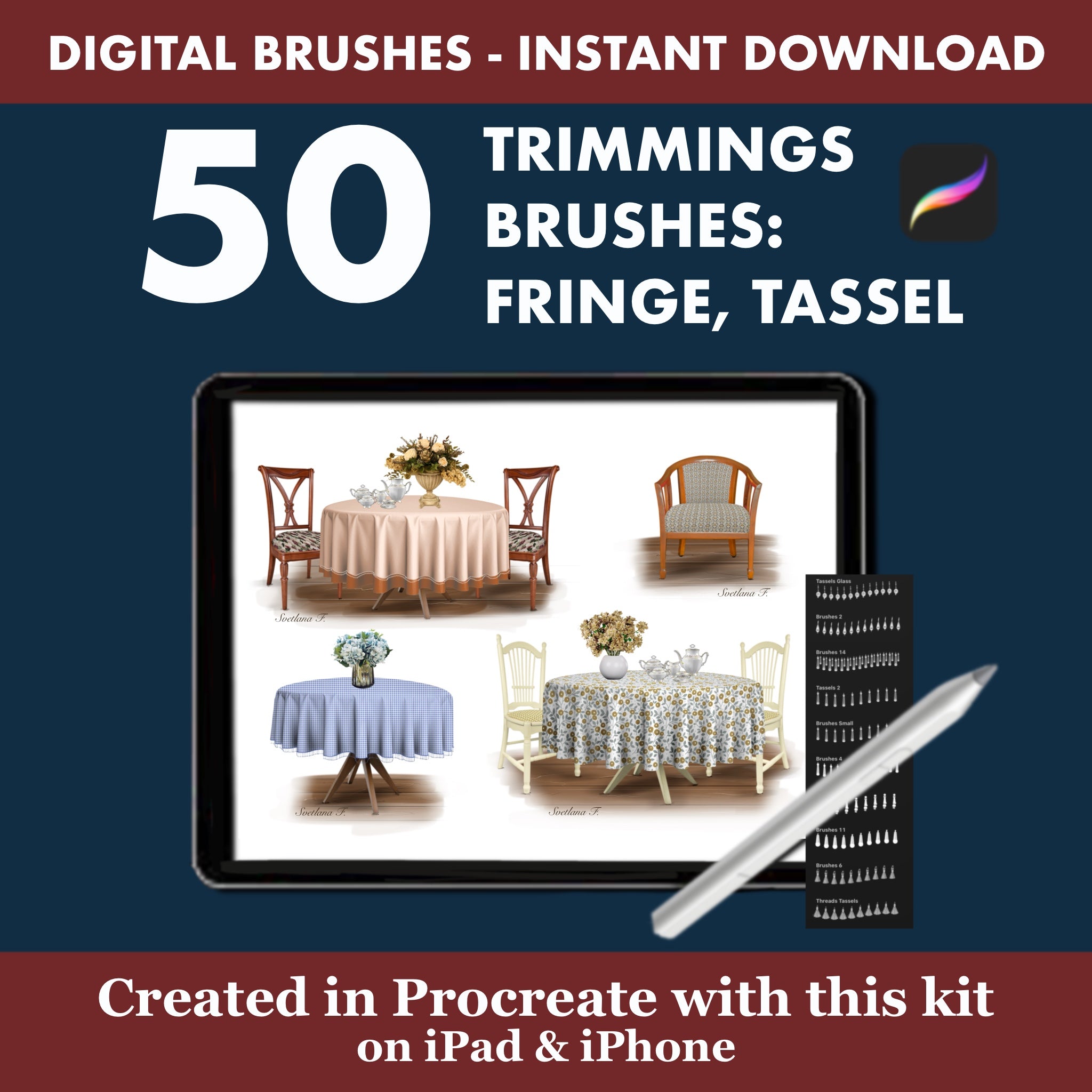 50 Premium Fringe and Tassel Brushes: A vast range of styles, including straight fringe, elaborate curved tassels, decorative edging, and trim brushes.