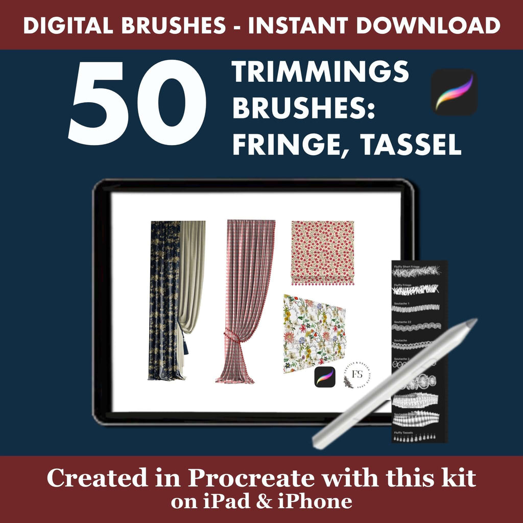 50 Procreate Trimmings Brushes | Fringe Tassel & Decorative Trim for Curtains - Procreate Brush Shop by Sviatlana Fedzianiova